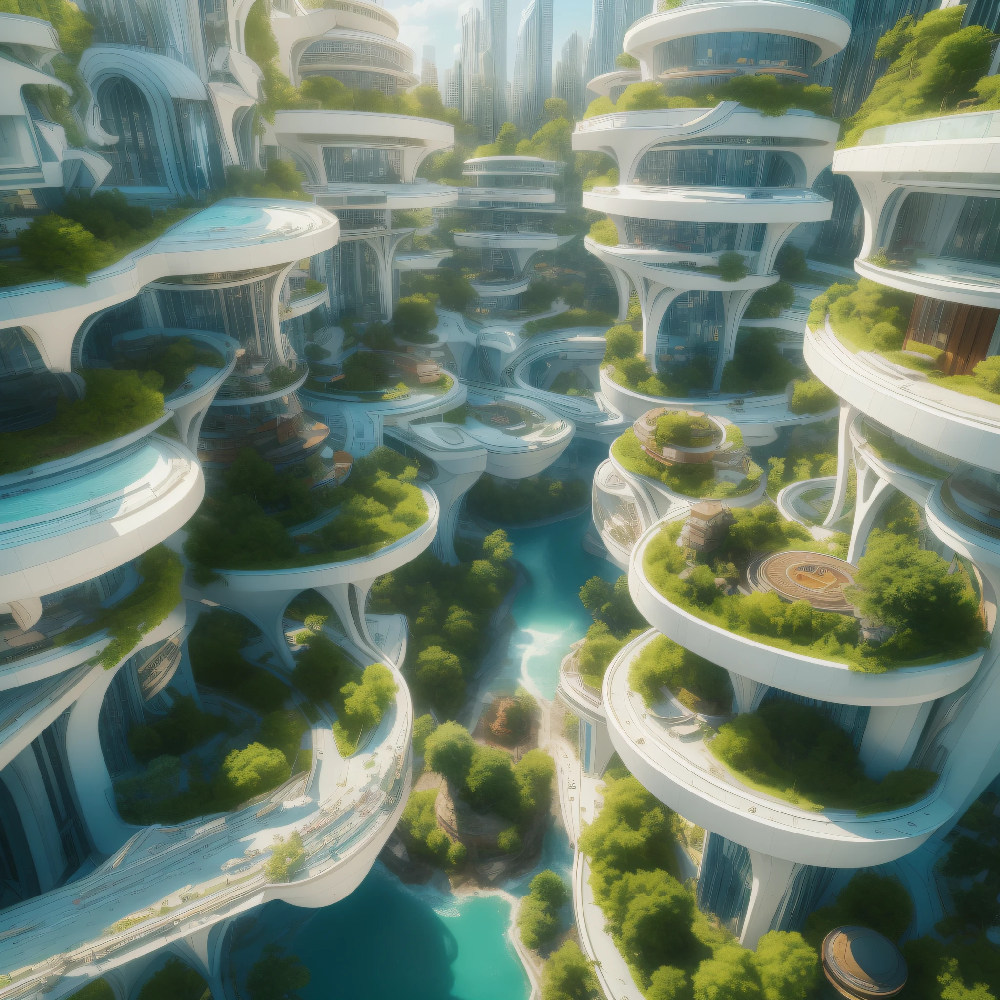 (masterpiece), best quality. view of a balcony of a beautiful utopian urban scenery of a futuristic city with round white buildings with large windows, with architecture in solarpunk style, white winding streets of suspended concrete passing between an immense green and whimsical forest. blue sky, flying transports, horizon. greencity. natural light, cinematics, global lighting. intricate, insanely detailed, ultra realistic, vray tracing, octane rendering, hdr, 32k