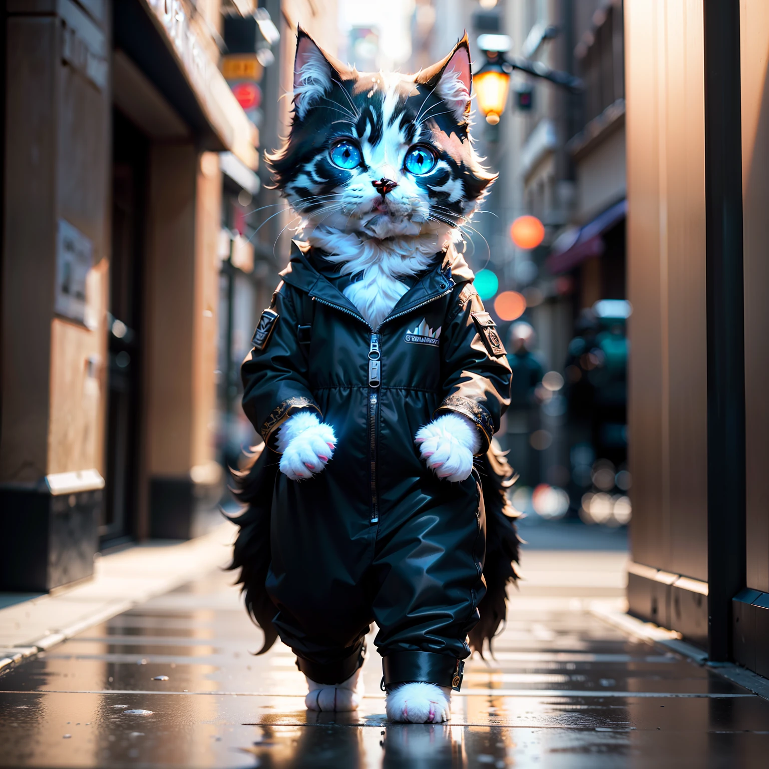 ((best qualtiy)), ((tmasterpiece)), (the detail:1.4), 3D, A cute kitten in trendy costume walks the street,HDR（HighDynamicRange）,Ray traching,NVIDIA RTX,Super-Resolution,Unreal 5,Subsurface scattering、PBR Texture、post-proces、Anisotropy Filtering、depth of fields、maximum definition and sharpness、Many-Layer Textures、Albedo e mapas Speculares、Surface Coloring、Accurate simulation of light-material interactions、perfectly proportions、Octane Render、Two-colored light、largeaperture、Low ISO、White balance、the rule of thirds、8K RAW、