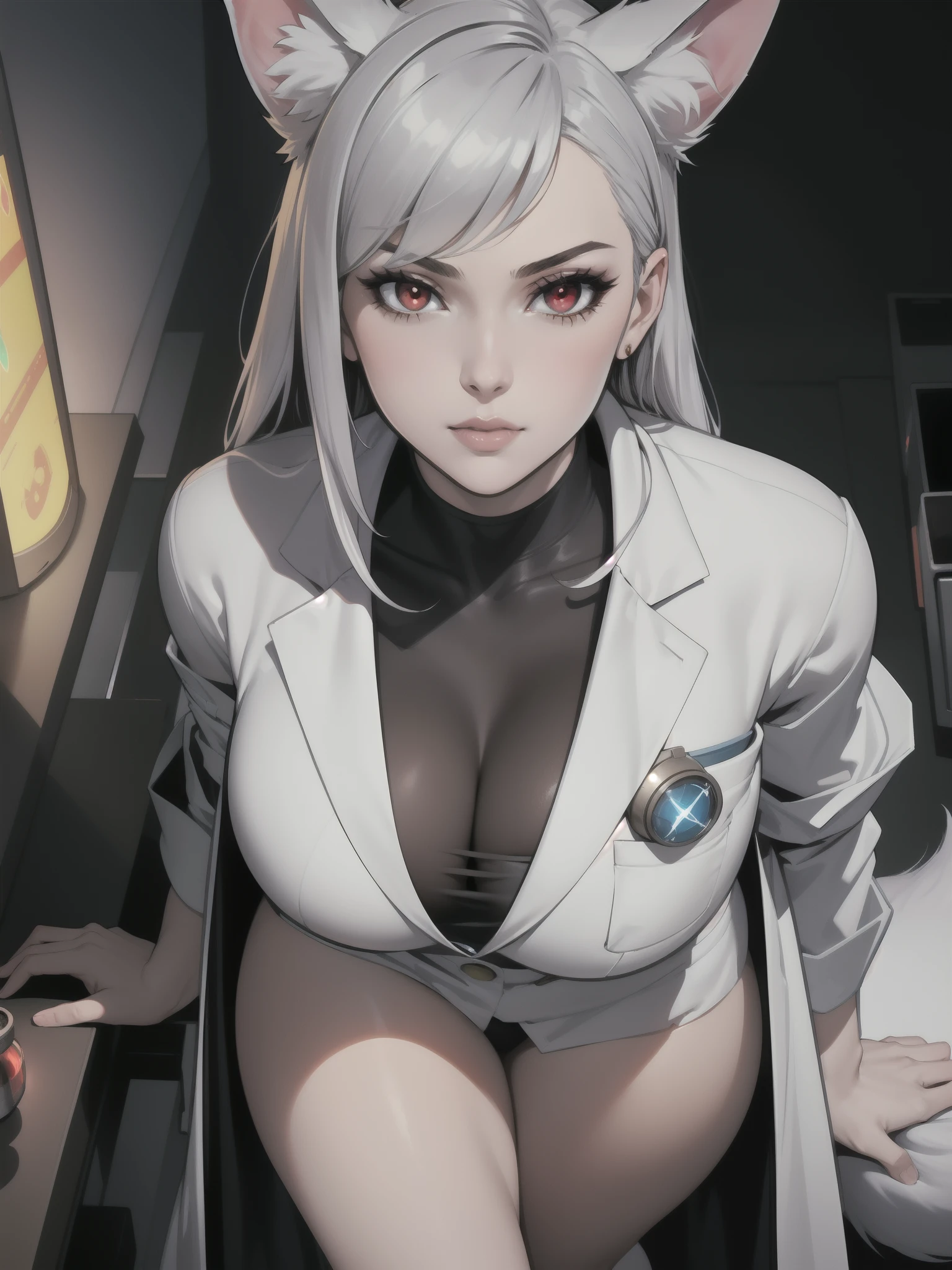 Portrait, Masterpiece, Excellent, 1girl, solo, complex details, color diffusion, comic book, anime, marvel, DC, close-up, Kitsune, pale skin, sensual body, big tits, slim, thick thighs, silver hair, fox ears, red eyes, sensual attire, science attire, lab coat , scientist , elegant, seductive, Sci-Fi, Fantasy