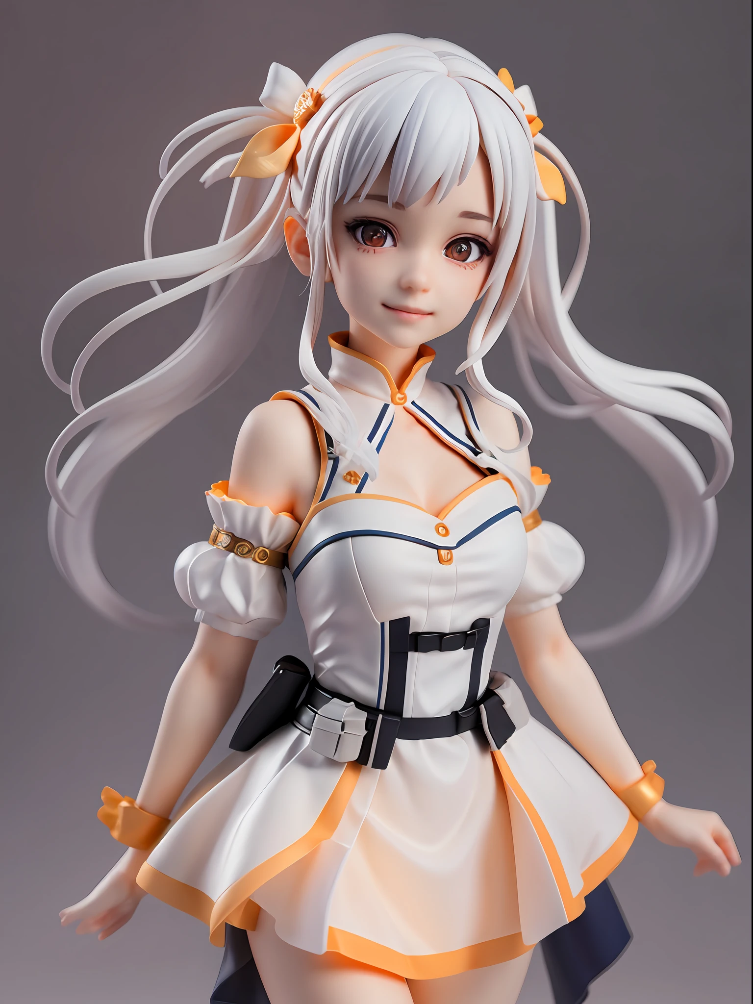 1girl,white colored hair,(twin tail),Orange Eye,White princess dress,on front, full - body, chibi, [Realistic], [3d], (3DCG), ((Octane Render)), Smile, closed mouth, (8K, RAW photo, Best Quality, Masterpiece:1.2), extra high resolution, (((Realistic, photo-realistic))), Professional lighting, detailed lighting, Professional photography, Dynamic angle f, hiquality, hight resolution, Extremely detailed, bloom,Depth of field, Sketch, sharp-focus, soft-lighting, good composition, God's Light Illumination, Detailed, (((Photorealistic details))), detailed skin, to8contrast style