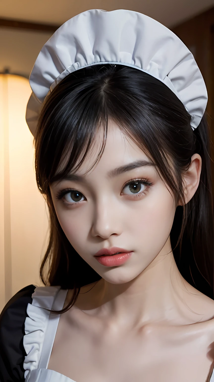 Slender Asian girl, kpop idol, ((maid uniform)), ((top quality, 8k, masterpiece: 1.3)), crisp focus: 1.2, beautiful woman with perfect figure: 1.4, highly detailed face and skin texture, detailed eyes, ((skinny)), beautiful face, symmetrical face, full-length, sexy, naked