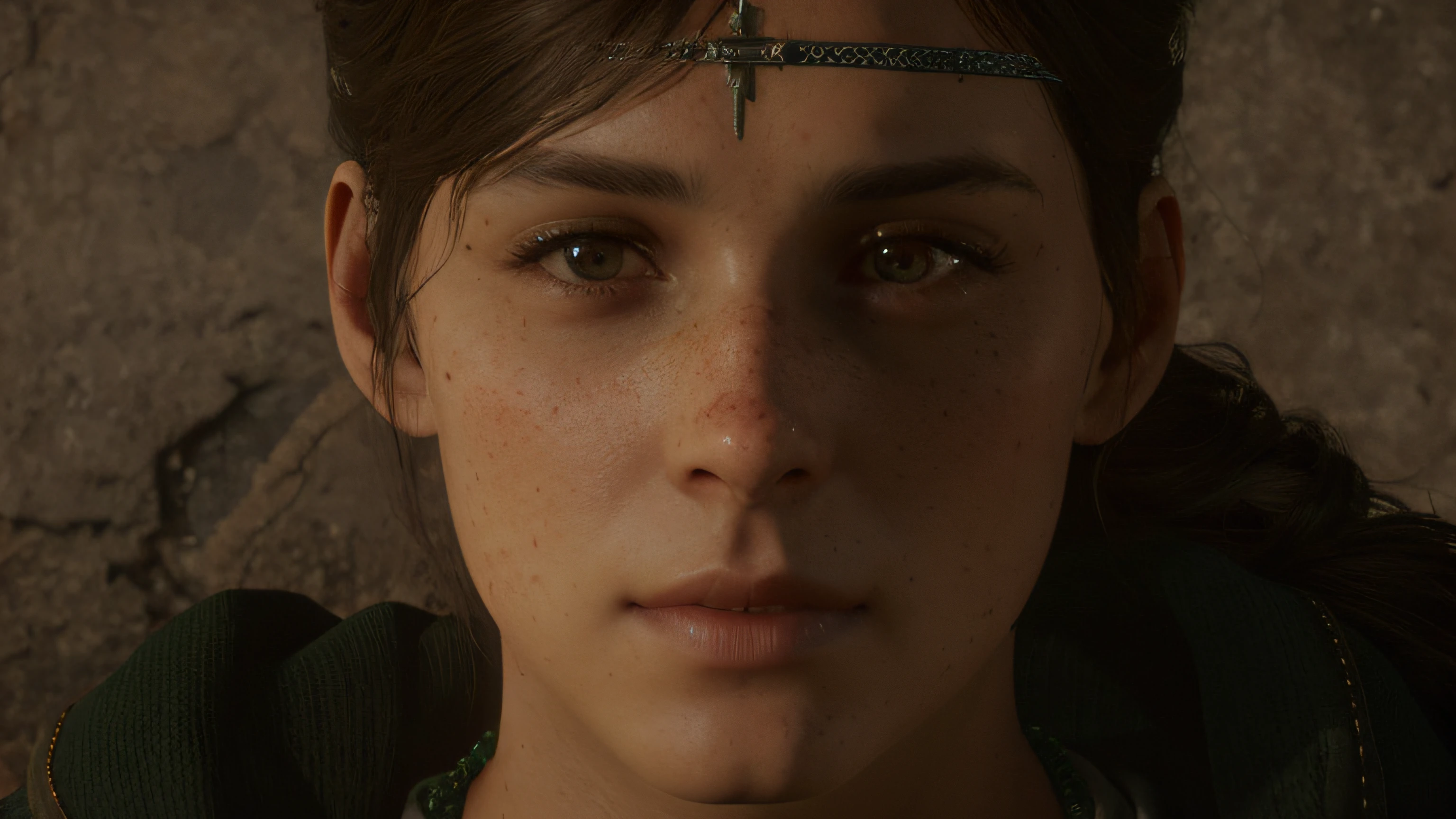 arafed woman with a cross on her forehead and a green jacket, unreal engine 5 4 k uhd image, realistic face moody lighting, unreal engine 5 detail, 8k highly detailed face, cinematic realistic portrait, unreal engine 5 quality render, 8k portrait render, photorealism 8k, ps 4 in - game cinematic, small character. unreal engine 5