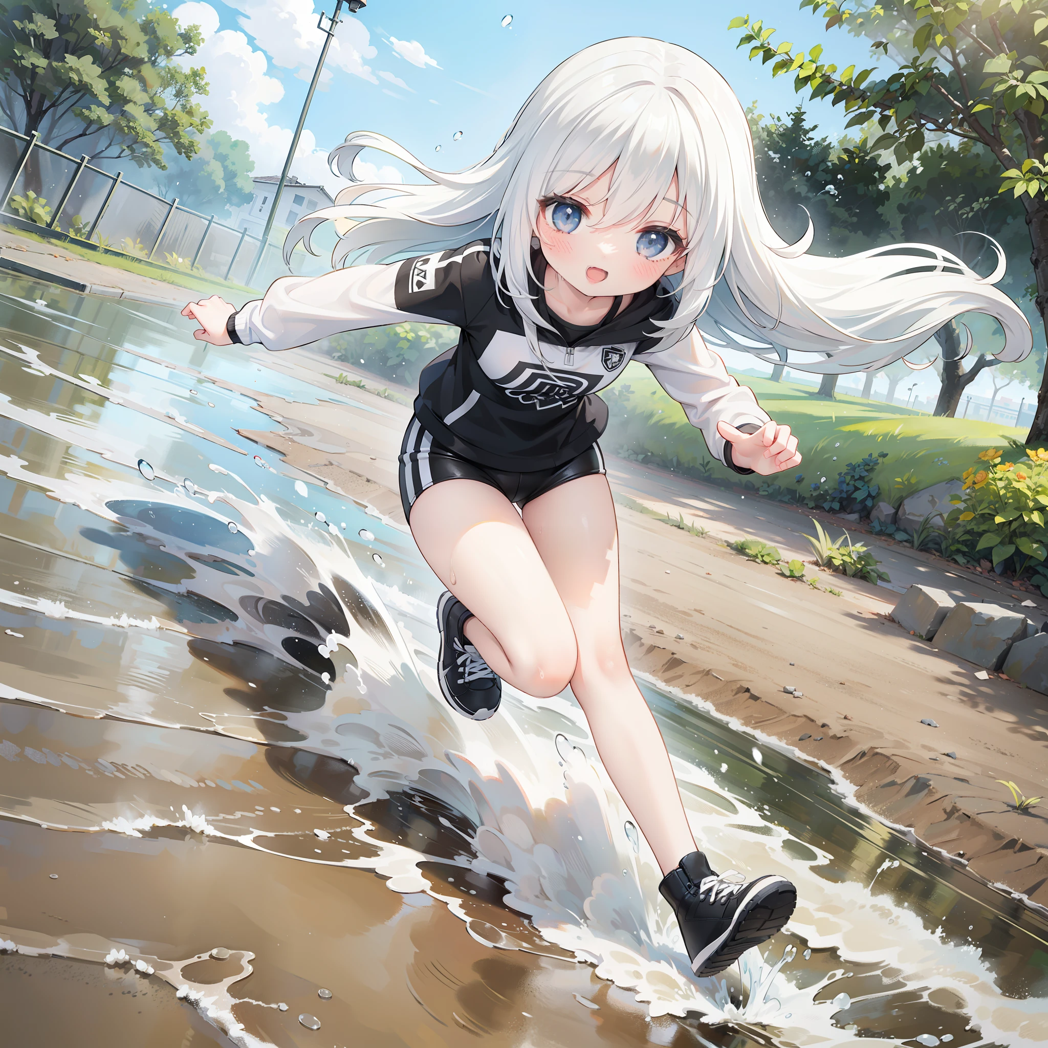happy 1girl running by the puddles in the dirt footpath, long straight black and white hair, sunny, expressive, exaggerated, ultra detailed, splashes