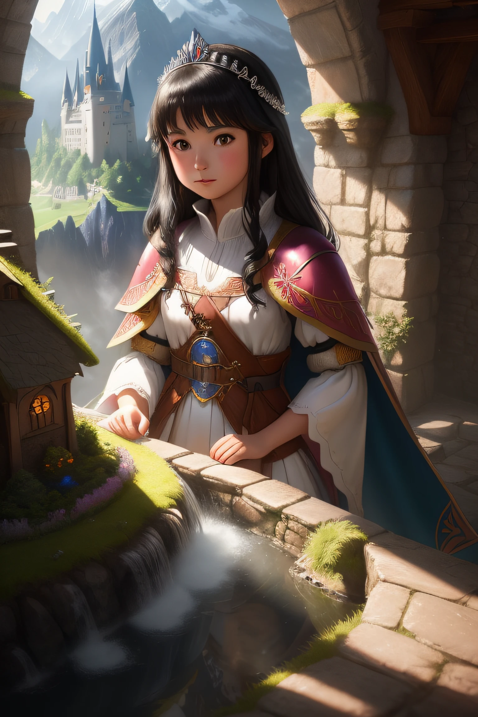 Design a fairy-tale illustration showing 10-year-old Princess Emilia with determined expression, curious eyes, loose flowing black hair. She is wearing brightly colored slim medieval armor-dress, cloak, and she holding small shining crimson amulet with metal border. Emilia standing beside faithful graceful unicorn named Celestia with spiral silver horn. They are located in crystal castle with blooming garden, misty mountains surrounding. Photorealistic fantasy trending on artstation, by artgerm and rossdraws, with dynamic lighting and volumetric rays, perfect contrast, Wide Angle, Depth of Field, hyper detailed. Kid’s storybook.
