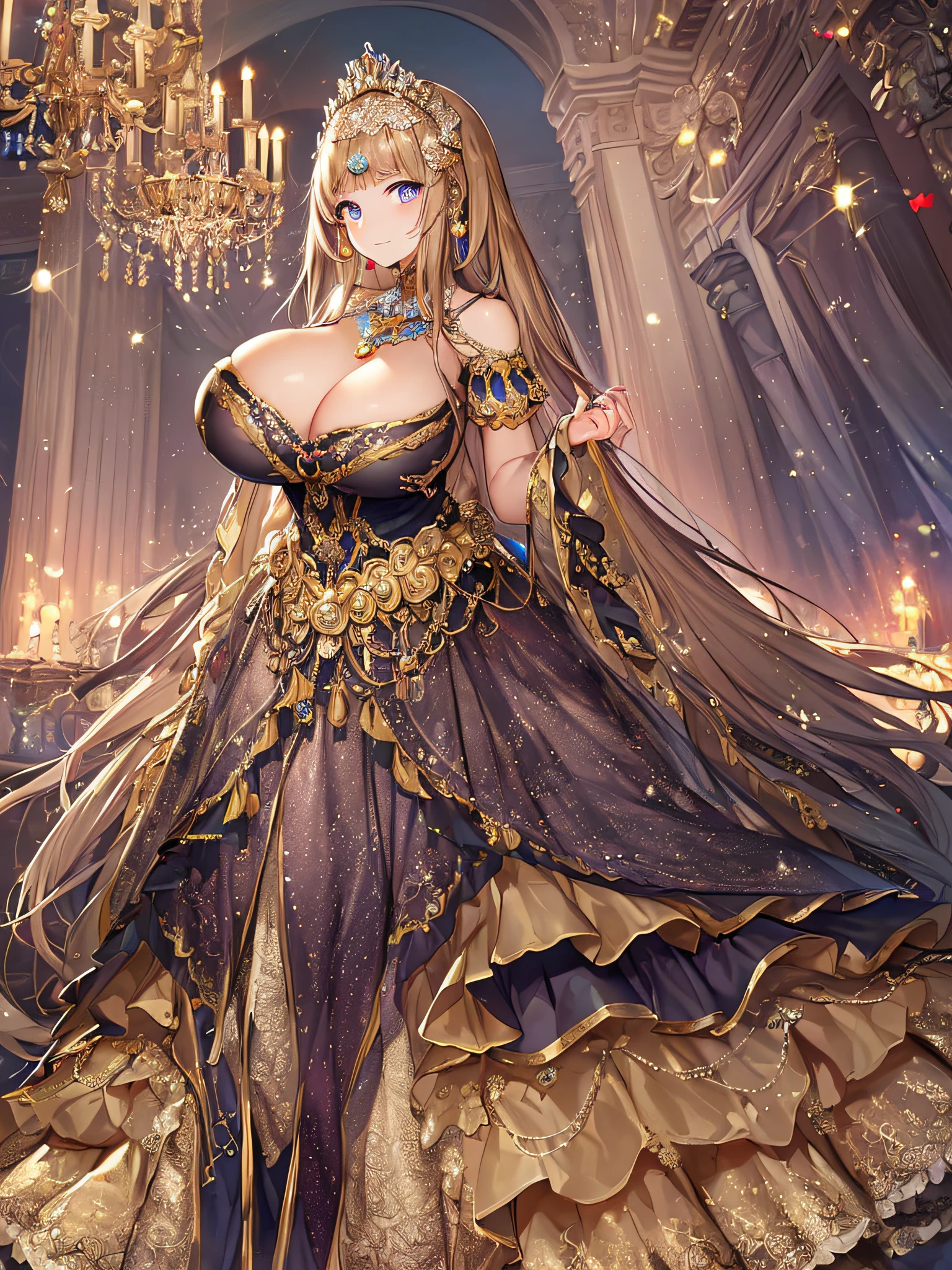 ((anime artstyle)),(Masterpiece),(Best Quality), (Super Detail),((Very Delicate and Beautiful)),((Solo)),((full body)),(((1 princess in beautiful embroidery and jeweled extremely gorgeous rococo ball gown dress with voluminous bouffant skirt))),Long train,gorgeous gemstone jewelry,detailed face and eyes,jewel-like eyes,(seductive smile),((extremely voluminous Very Long Hair,Straight Hair)),((extremely gigantic tits,Long tits)),curvy,skindentation,(gorgeousfull embroidery and lace),gorgeous corsage,See-through,extremely gorgeousfull hair ornament,extremely gorgeousfull glitter jeweled tiara,ornate ruffles,((full body)),((hoop skirt,crinoline)),Dynamic Angle,Looking at viewer,((beautiful embroidery and jeweled extremely gorgeous rococo ball gown dress with voluminous bouffant skirt)),full body