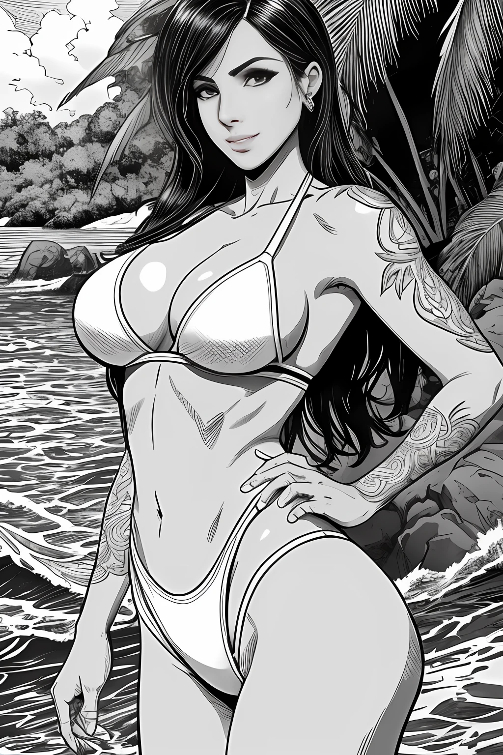 monochrome line art，Comic style，Intricate lines and extreme detail，tmasterpiece，Brazilian mature woman super tight sheer mini white bikini，49 years old，in  the water,Marked sagging breasts，