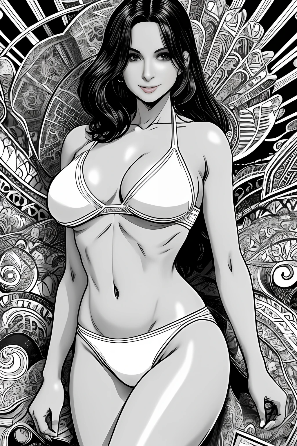monochrome line art,Comic style,Intricate lines and extreme detail,tmasterpiece,Brazilian mature woman super tight sheer mini white bikini,49 years old,in the water,Marked sagging breasts,