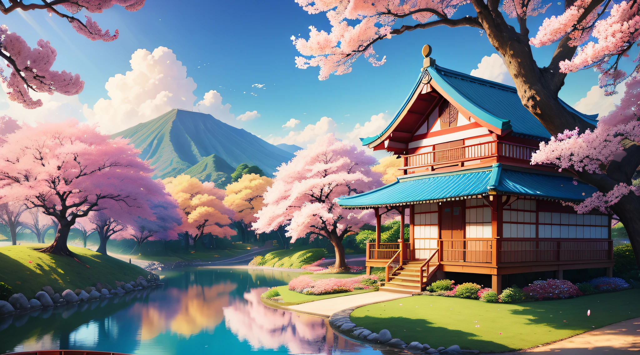 (pintura digital), (melhor qualidade), serena vila encatada, cherry blossoms in full bloom, lago de carpas, passarela, pagode, estilo de arte Ukiyo-e, Hokusai inspiration, Deviant Art popular, 8k ultra-realista, esquema de cores pastel, soft lighting, golden hour, ambiente tranquilo, landscape orientation