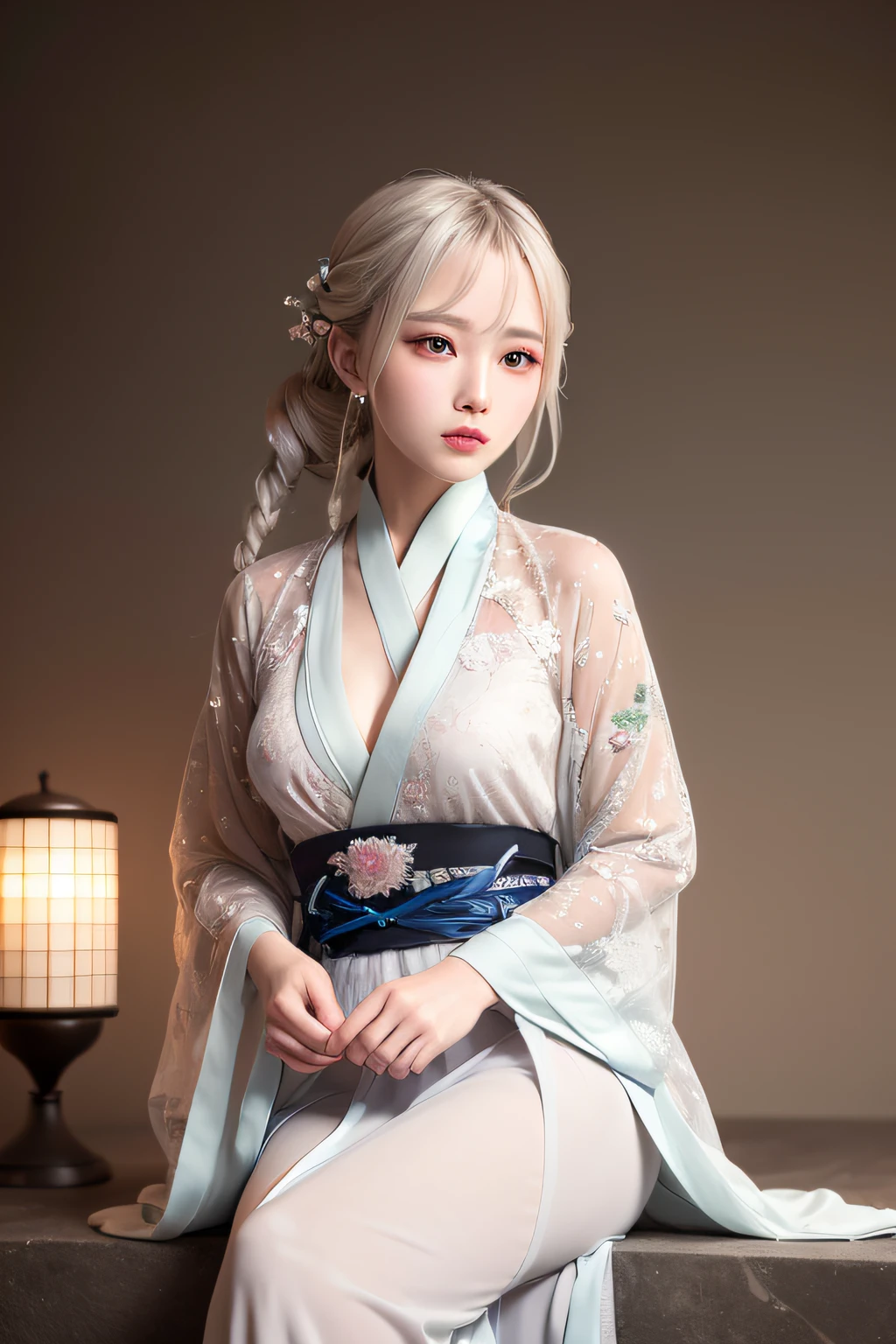 ulzzang-6500-v1.1,(raw photo:1.2),((photorealistic:1.4))best quality ,masterpiece, illustration, an extremely delicate and beautiful, extremely detailed ,CG ,unity ,8k wallpaper, Amazing, finely detail, masterpiece,best quality,official art,extremely detailed CG unity 8k wallpaper,absurdres, incredibly absurdres, huge filesize, ultra-detailed, highres, extremely detailed,beautiful detailed girl, extremely detailed eyes and face, beautiful detailed eyes,light on face,cinematic lighting,((Hanfu)),1girl,full body,full-body shot,see-through,looking at viewer,((white hair)),((bliss))
