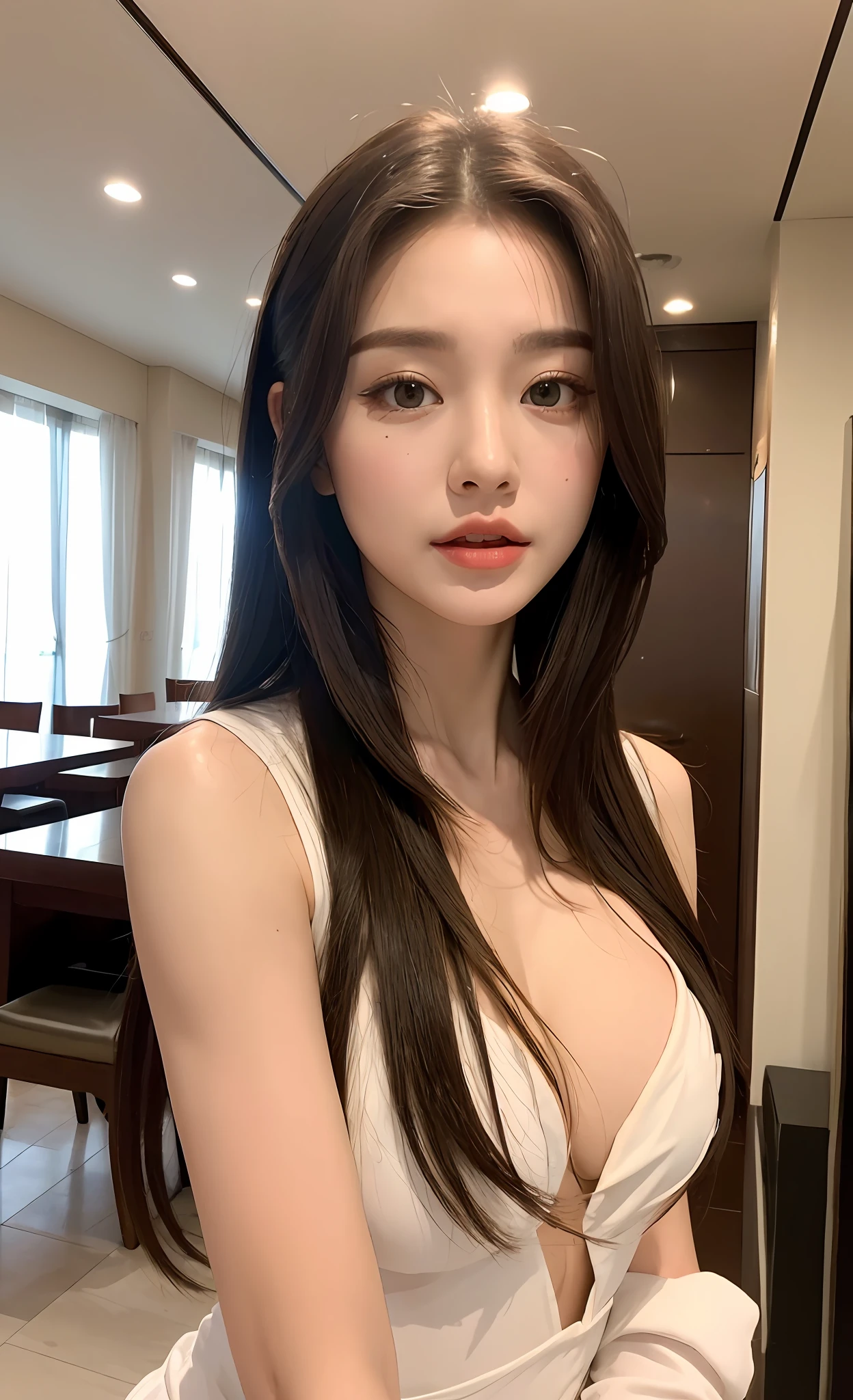 (Best Quality, 8K, Masterpiece: 1.3, Ultra HD: 1.3), 1 Pretty Girl, (Big: 1.2), (Long Hair), Abs, Perfect Figure, Ultra Fine Face, Delicate Lips, Beautiful Eyes, Double Eyelids, Super fine hand, Super fine finger, wear, body dress (Sultry) ((Aroused: 1.5)), Open shirt show , Detailed   , luxury restaurent