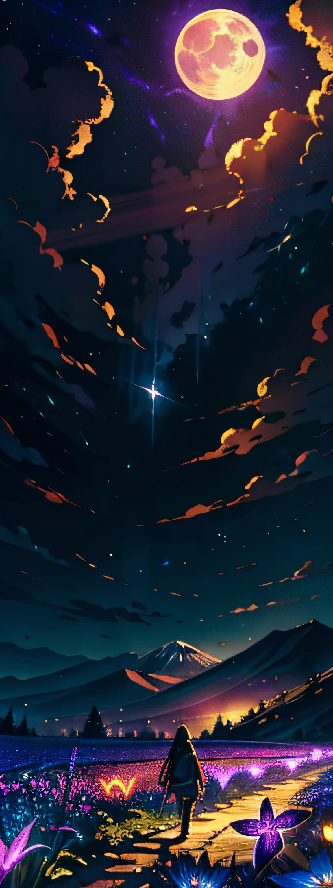 expansive landscape photograph , (a view from below that shows sky above and open field below), a girl standing on flower field looking up at mount fuji, (full moon:1.2), ( shooting stars:0.9), (nebula:1.3), distant mountain, tree BREAK
production art, (warm light source:1.2), (Firefly:1.2), lamp, lot of purple and orange, intricate details, volumetric lighting BREAK
(masterpiece:1.2), (best quality), 4k, ultra-detailed, (dynamic composition:1.4), highly detailed, colorful details,( iridescent colors:1.2), (glowing lighting, atmospheric lighting), dreamy, magical, (solo:1.2)