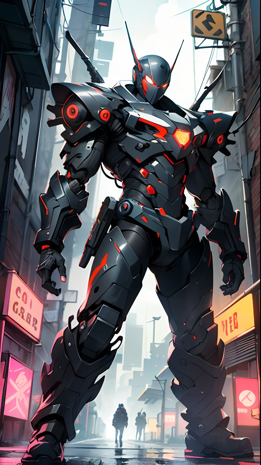 Imposing black plastic metal android robot,three meters tall and with a minimalist design that highlights its marked metallic musculature. His head is smooth and adorned with RGB lights that highlight his uniqueness and futurism.
He carries a metal backpack on his back that contains drones,turrets,and firearms. The backpack has spidery legs that allow it to move quickly.
Although most of his body is a deep,glossy black,there are orange,purple,and blue details that highlight his striking,futuristic design. It is undoubtedly an impressive creation that does not go unnoticed.
(dynamic pose:1.0),solo focus,centered,scale to fit dimensions,Rule of thirds,
outdoors,((night view)),(cyberpunk night street Background: 1.5,dark sky,alleyway,lonely alley,thick clouds,detailed background:1.25),
(best quality),(high resolution),(sharp focus),(ultra detailed),(extremely detailed),(extremely high quality artwork),8k_wallpaper,(extremely detailed CG 8k),(very fine 8K CG),((hyper super ultra detailed perfect piece)),flawless,(((masterpiece))),illustration,vibrant colors,(intricate),High contrast,Selective lighting,Double exposure,HDR (High Dynamic Range),Post-processing,Background blur,