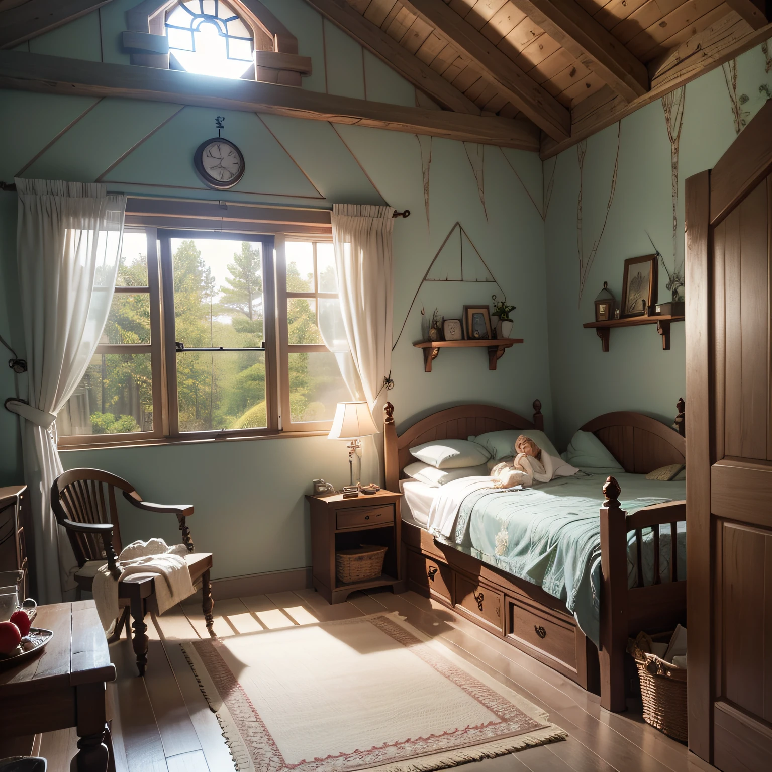 snowwhite sleeping inside the room of a cottage --auto --s2