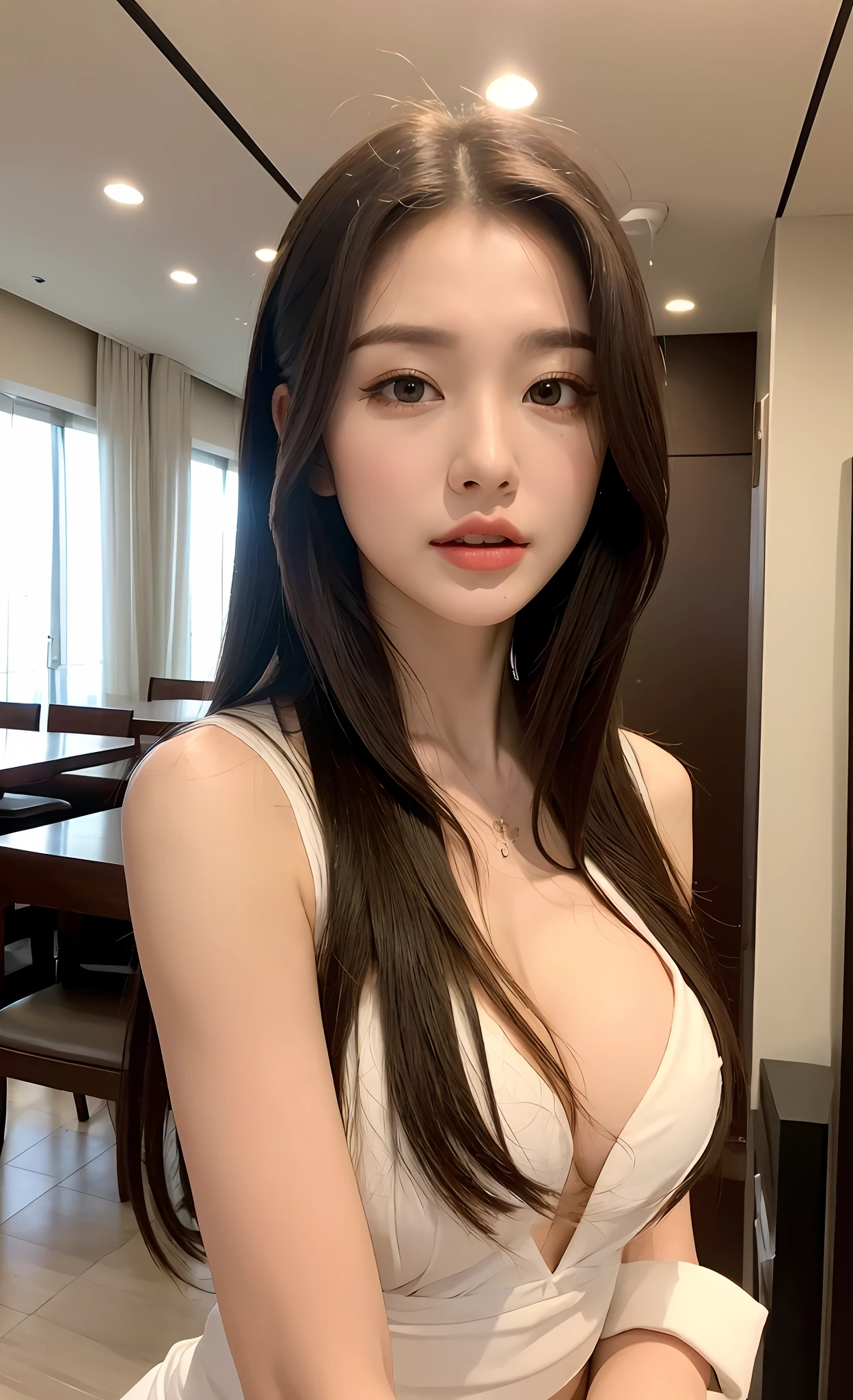 (Best Quality, 8K, Masterpiece: 1.3, Ultra HD: 1.3), 1 Pretty Girl, (Big: 1.2), (Long Hair), Abs, Perfect Figure, Ultra Fine Face, Delicate Lips, Beautiful Eyes, Double Eyelids, Super fine hand, Super fine finger, wear, body dress (Sultry) ((Aroused: 1.5)), Open shirt show , Detailed   , luxury restaurent