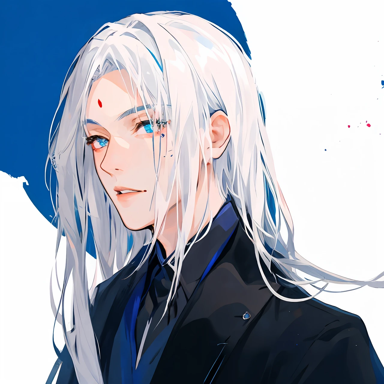 Anime image of a man with white hair, long  white hair, Wearing a blue-black robe，There is a red mole on the forehead，Lips closed，Blue-black background