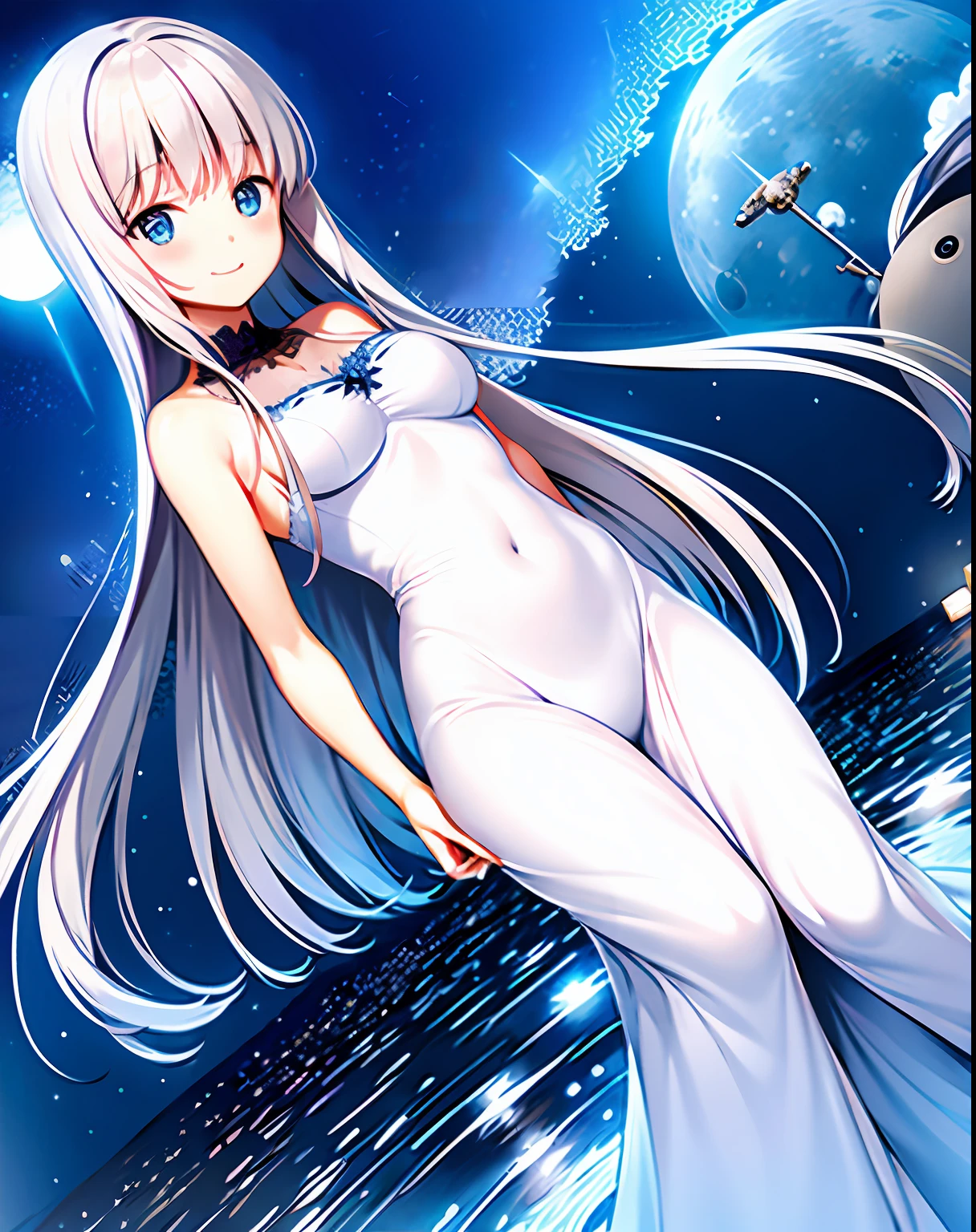 starry night with a woman holding an umbrella and a star, anime girl walking on water, illustration!, full moon raining night, amazing photo, themed on the stars and moon, [[fantasy]], an amazing photo, dreamy night, moonlight, moon goddess, tranquility of the endless stars, walking in the moon, in the astral plane ) ) ), reflection of the moon