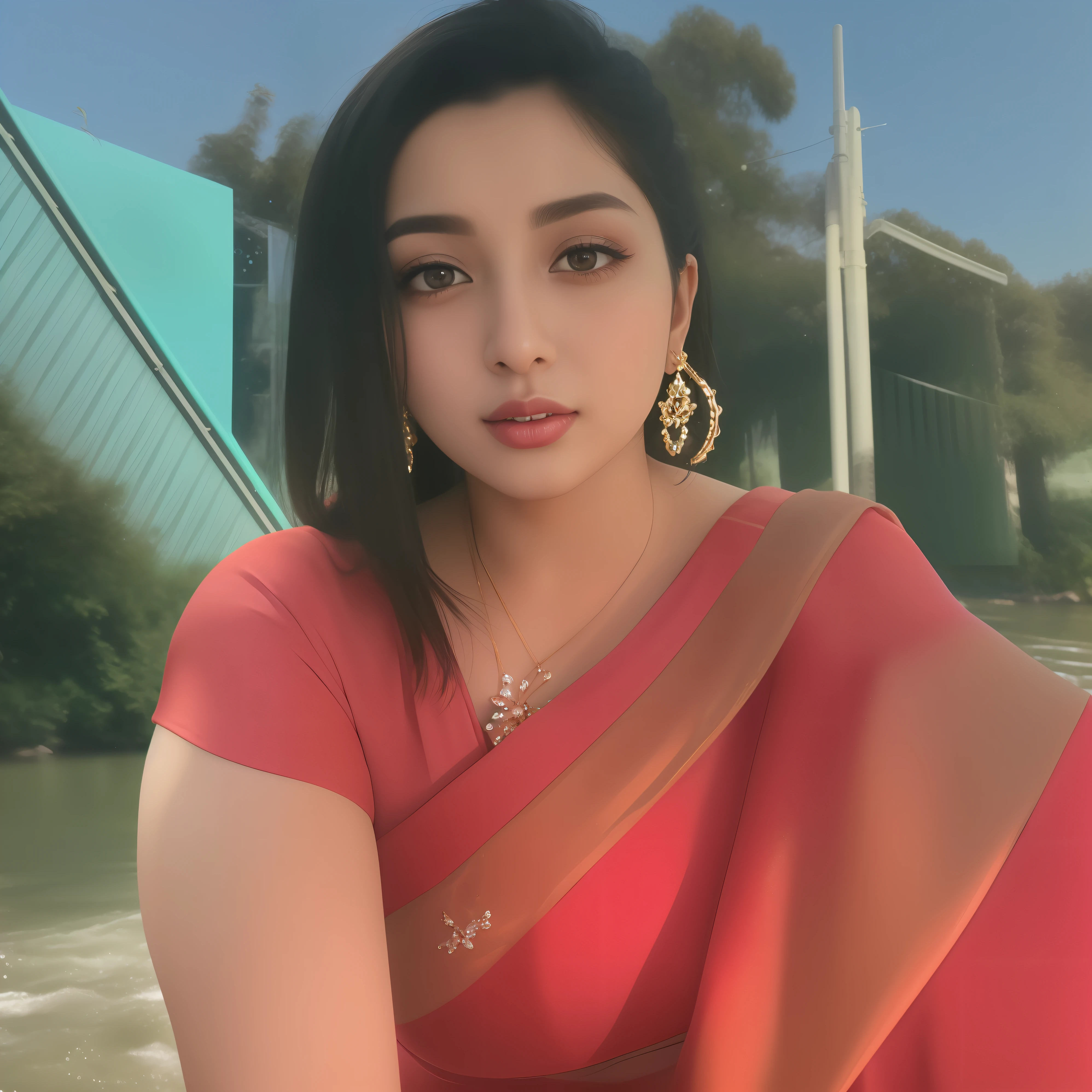 a close up of a woman in a red dress standing in front of a river, glowing white colored skin!!, profile pic, very extremely beautiful, glowing skin, white one beautiful face, inspired by Ambreen Butt, colourful, vibrant colour, candid picture, ruan ji, kyza saleem, profile image, beautiful girl, very vibrant, handsome girl