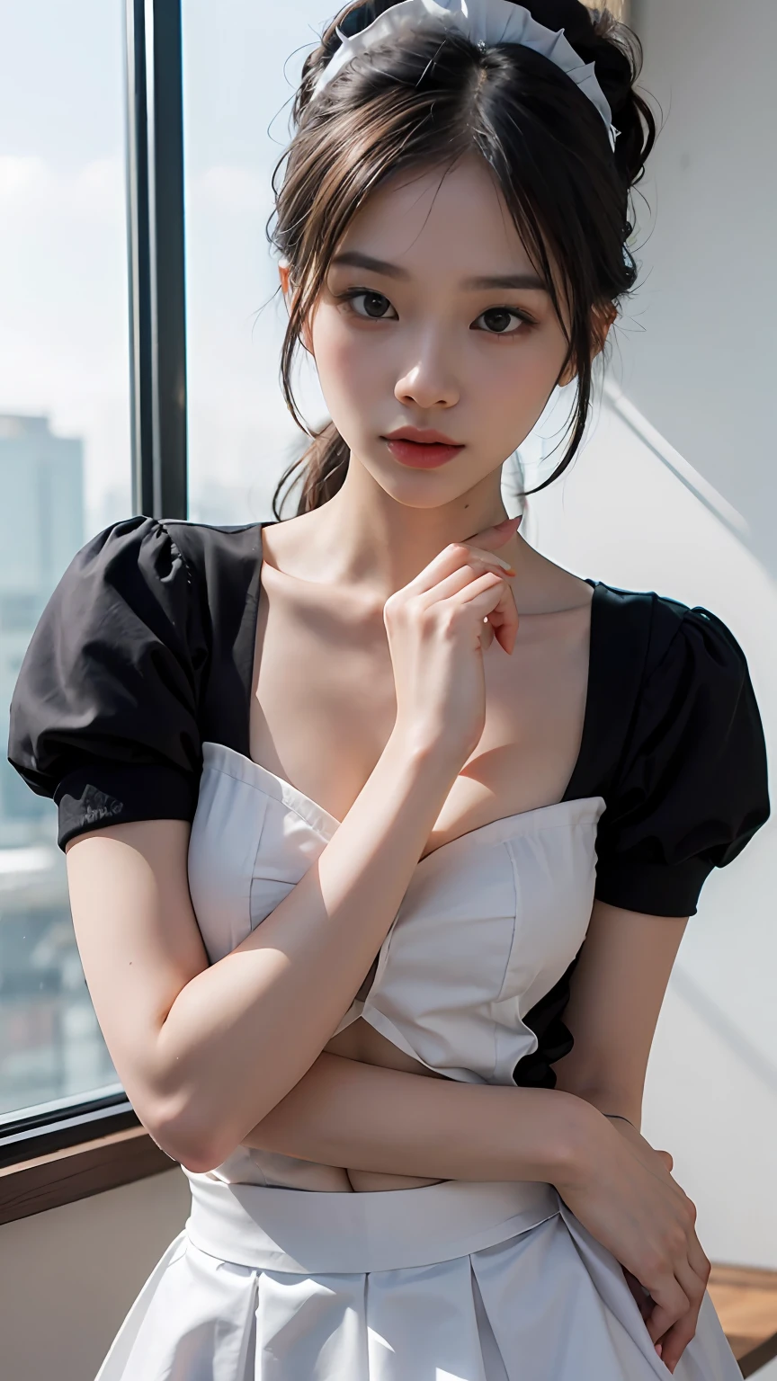 Slender Asian girl, kpop idol, ((maid uniform)), ((top quality, 8k, masterpiece: 1.3)), crisp focus: 1.2, beautiful woman with perfect figure: 1.4, highly detailed face and skin texture, detailed eyes, ((skinny)), beautiful face, symmetrical face, full-length, sexy, naked