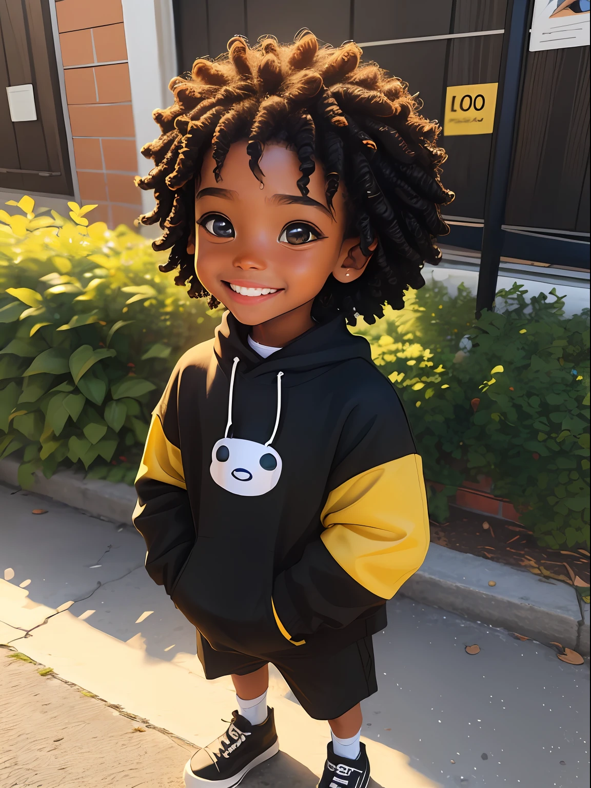 loli menino negro, bonito e fofo, street, sorrindo, usando touca e moletom, face, Estilo Chibi, cabelos bicolores, amarelo e marrom olhos de detalhe perfeito, rosto delicado, CG perfeito, Qualidade de imagem HD, fundo simples