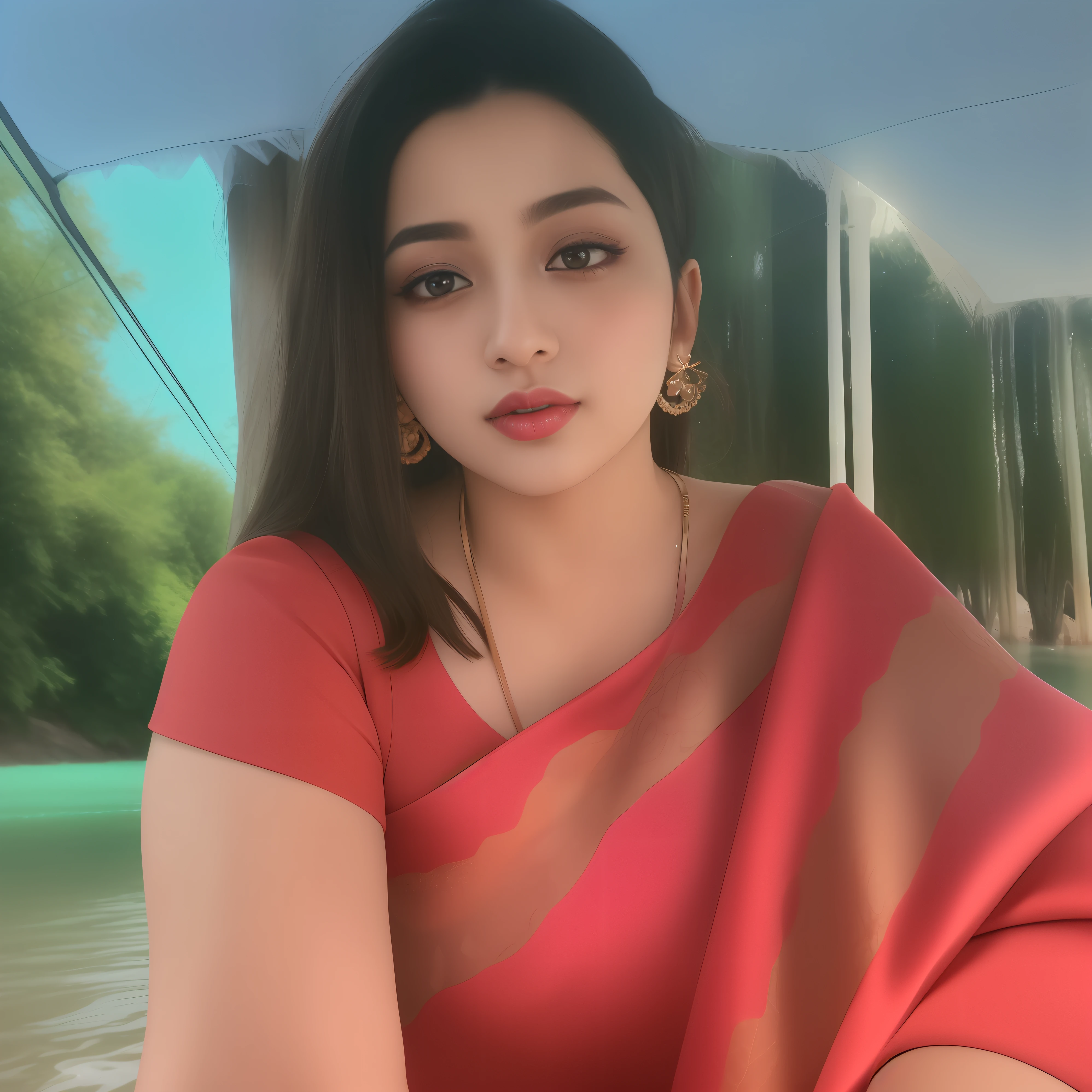 a close up of a woman in a red dress standing in front of a river, glowing white colored skin!!, profile pic, very extremely beautiful, glowing skin, white one beautiful face, inspired by Ambreen Butt, colourful, vibrant colour, candid picture, ruan ji, kyza saleem, profile image, beautiful girl, very vibrant, handsome girl