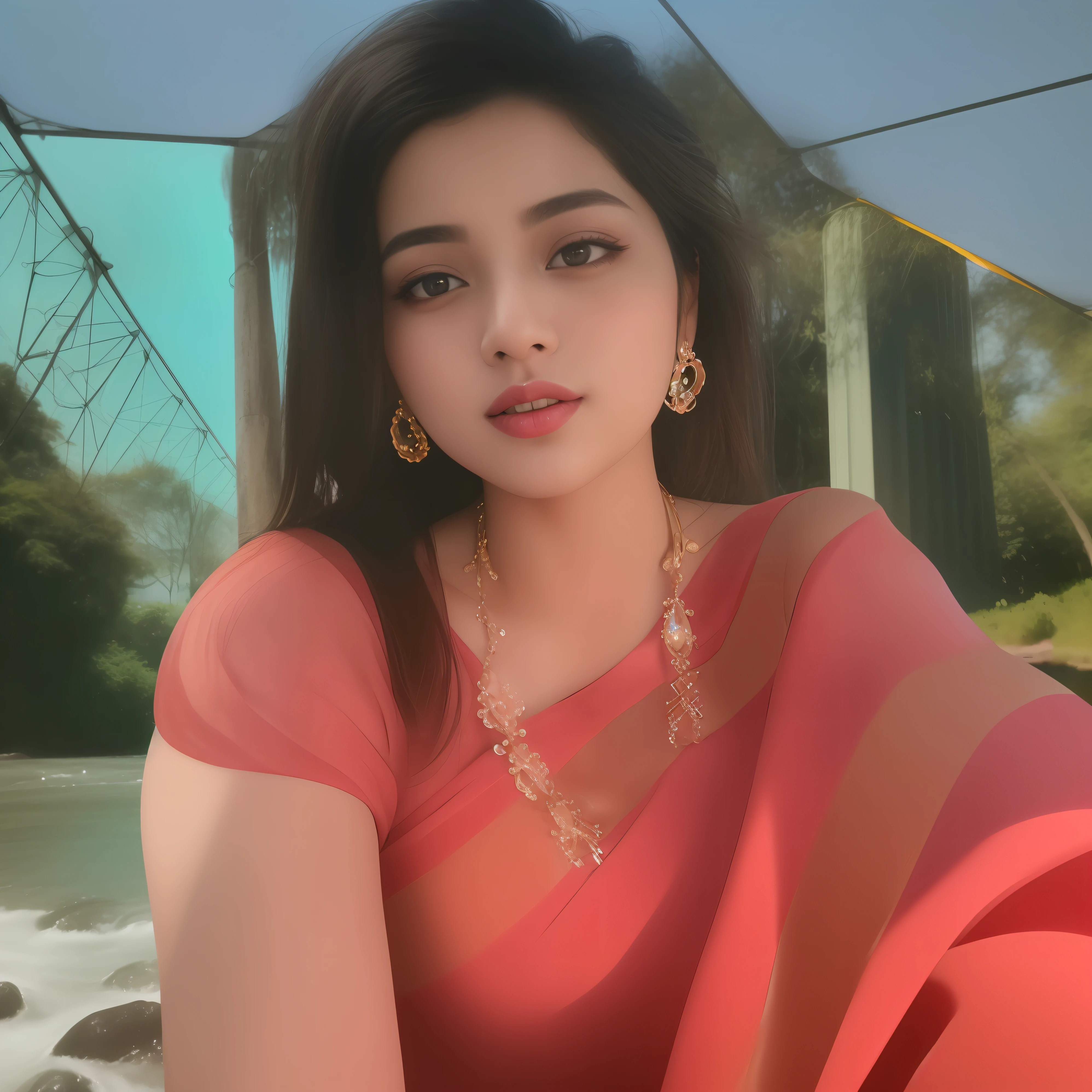 a close up of a woman in a red dress standing in front of a river, glowing white colored skin!!, profile pic, very extremely beautiful, glowing skin, white one beautiful face, inspired by Ambreen Butt, colourful, vibrant colour, candid picture, ruan ji, kyza saleem, profile image, beautiful girl, very vibrant, handsome girl