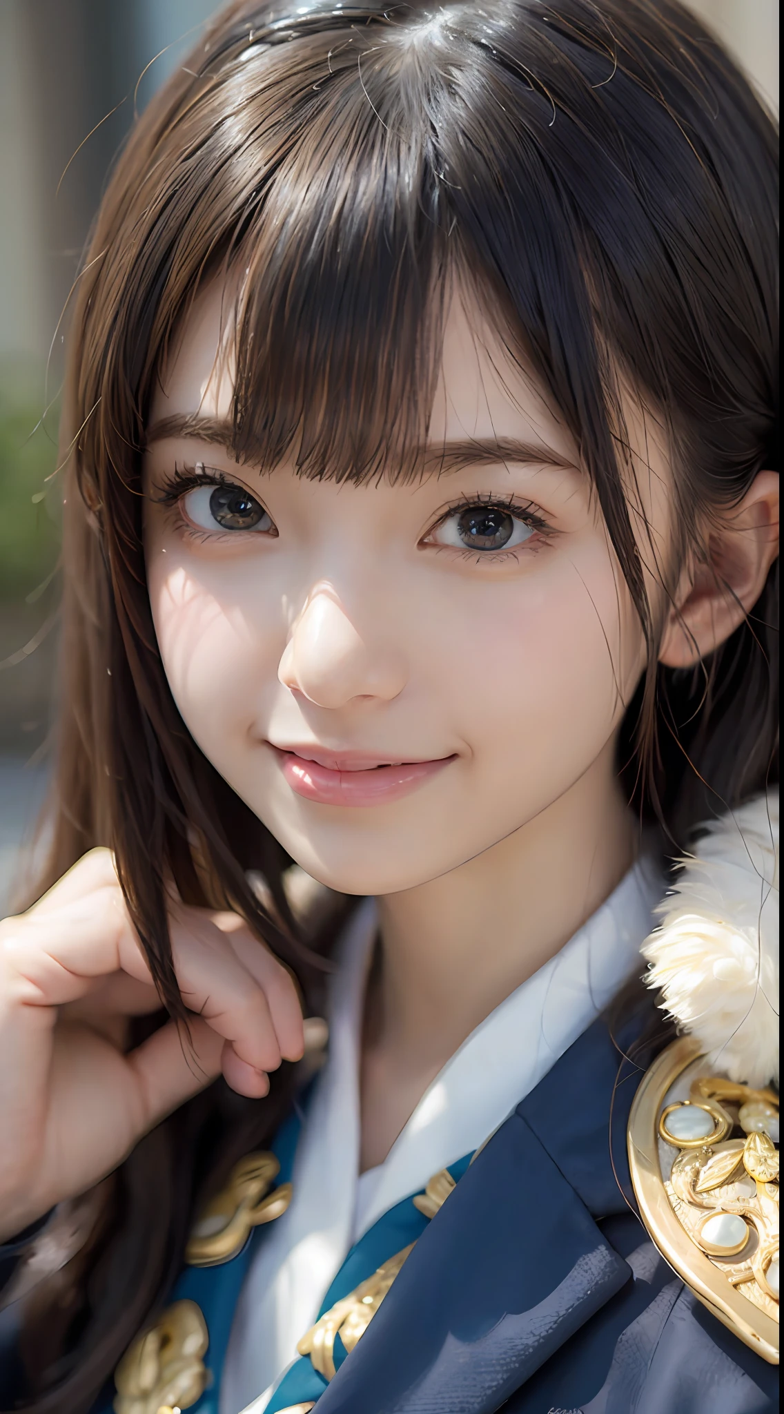 masterpiece、one beautiful women、A detailed face、A detailed eye、Detailed skin、top-quality、japanes、hi-school girl、idol、short-cut、black eyes、Illuminated from the front with bright lighting、profetional lighting、Facing straight ahead、a short skirt、Dark blue blazer jacket、The jacket has feathers、Gold Accessories、a smile、Perfect and ultimate idol、