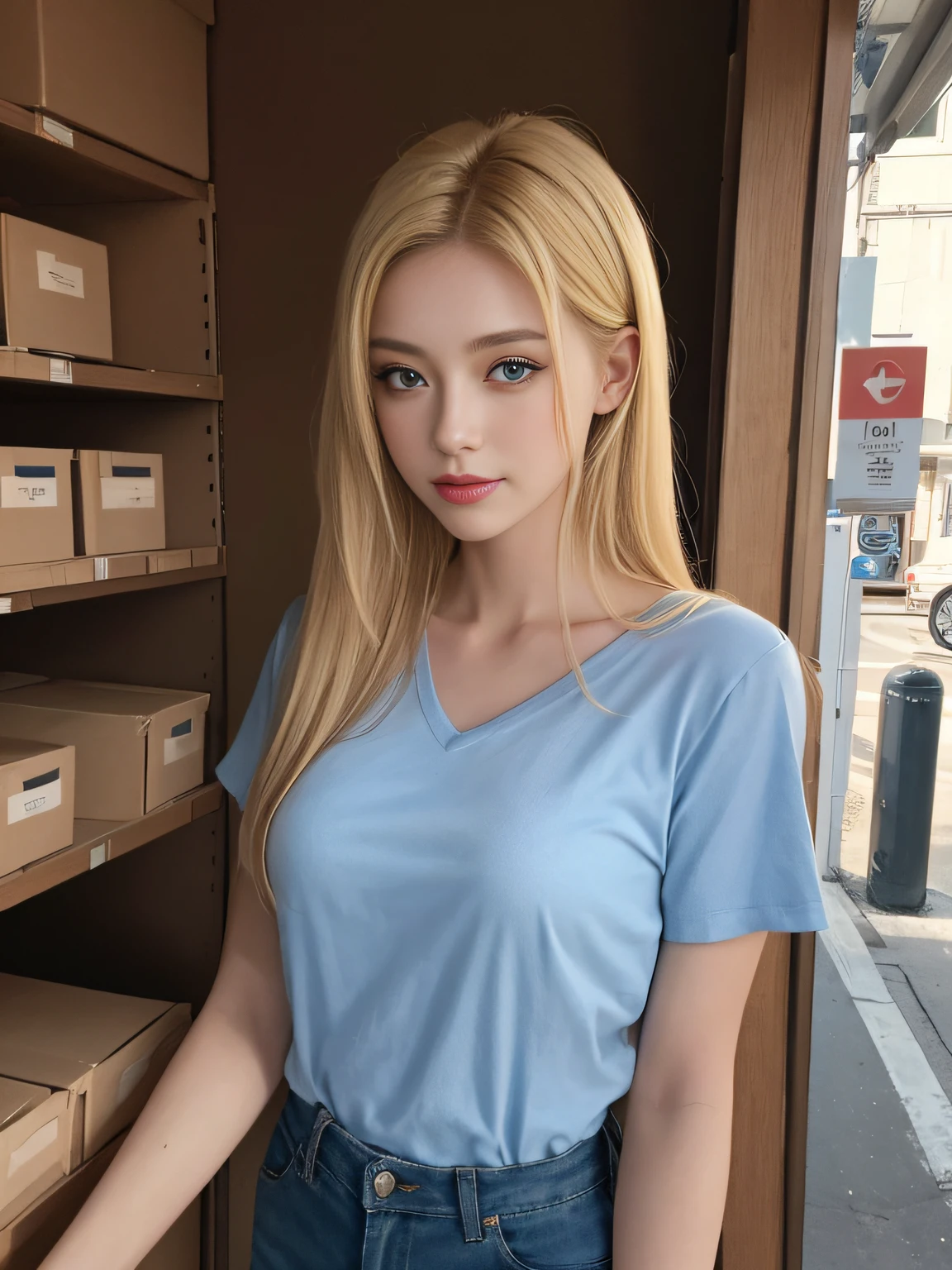 A magnificent sculpture in the post office, with the best picture quality and high resolution, featuring a beautiful 26-year-old Russian girl. The details are portrayed exquisitely, with her stunning blue double-eyelids eyes, eyes that seem to smile, yellow hair, beautiful skin, and an incredibly sharp and realistic image (reality: 1.4). Her face appears slightly younger, and her skin is smooth and slender, giving a sense of hyperrealism and illustration, sunshine smile. The artwork is presented in high resolution (16K), providing the most beautiful and impressive details, especially in the meticulously drawn eyes.
In the painting, she is depicted holding some cardboard boxes, standing at a post office. The bright and professional lighting highlights her long blonde hair. She wears a yellow T-shirt and combat jeans. The setting is a post office with several carefully arranged parcels.
Pose: She is described as smiling and looking straight ahead. The portrait is highly detailed, emphasizing her facial features and exquisite characteristics.
This artwork is a true masterpiece, combining artistic talent and ultra-high resolution to create a captivating and attractive painting that mesmerizes the viewers.