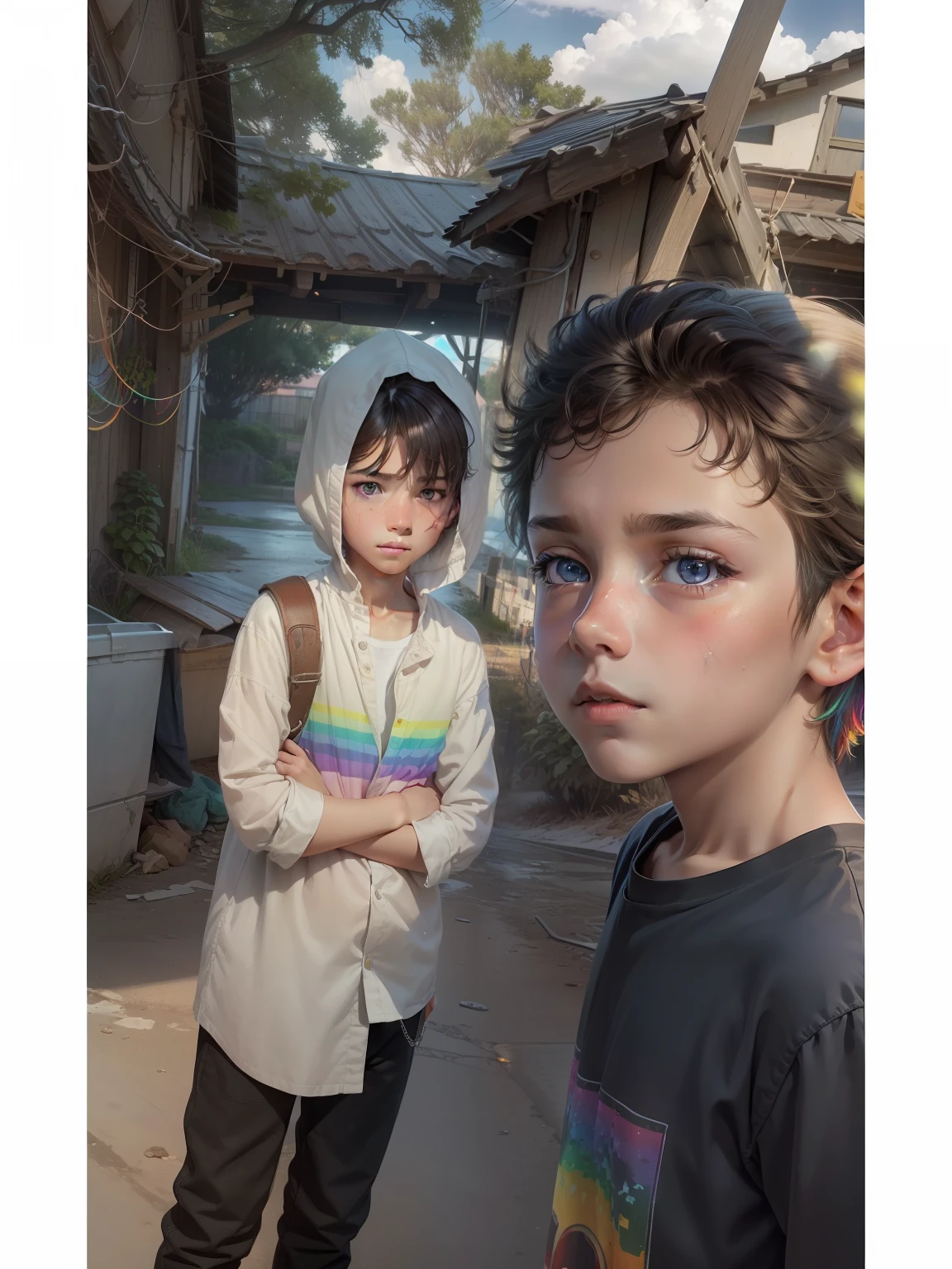 ((Rainbow Daytime Sky)), 10 years old boy, towards the future, masterpiece, highest quality, ((Photorealistic: 1.4)) Masterpiece, illustration, very delicate and beautiful, highly detailed CG, 8k wallpaper, amazing, fine detail, highly detailed CG Unity 8k wallpaper, huge file size, super detail, ultra high resolution, high resolution, very detail, (( Very detailed eyes and face)), beautiful detailed eyes, very detailed face, perfect lighting, face light, natural colors, ((10-year-old boy)), departure, (rough style with the whole body including both legs)), the future is bright, (((rainbow daytime sky)), lights from the front, glowing eyes,