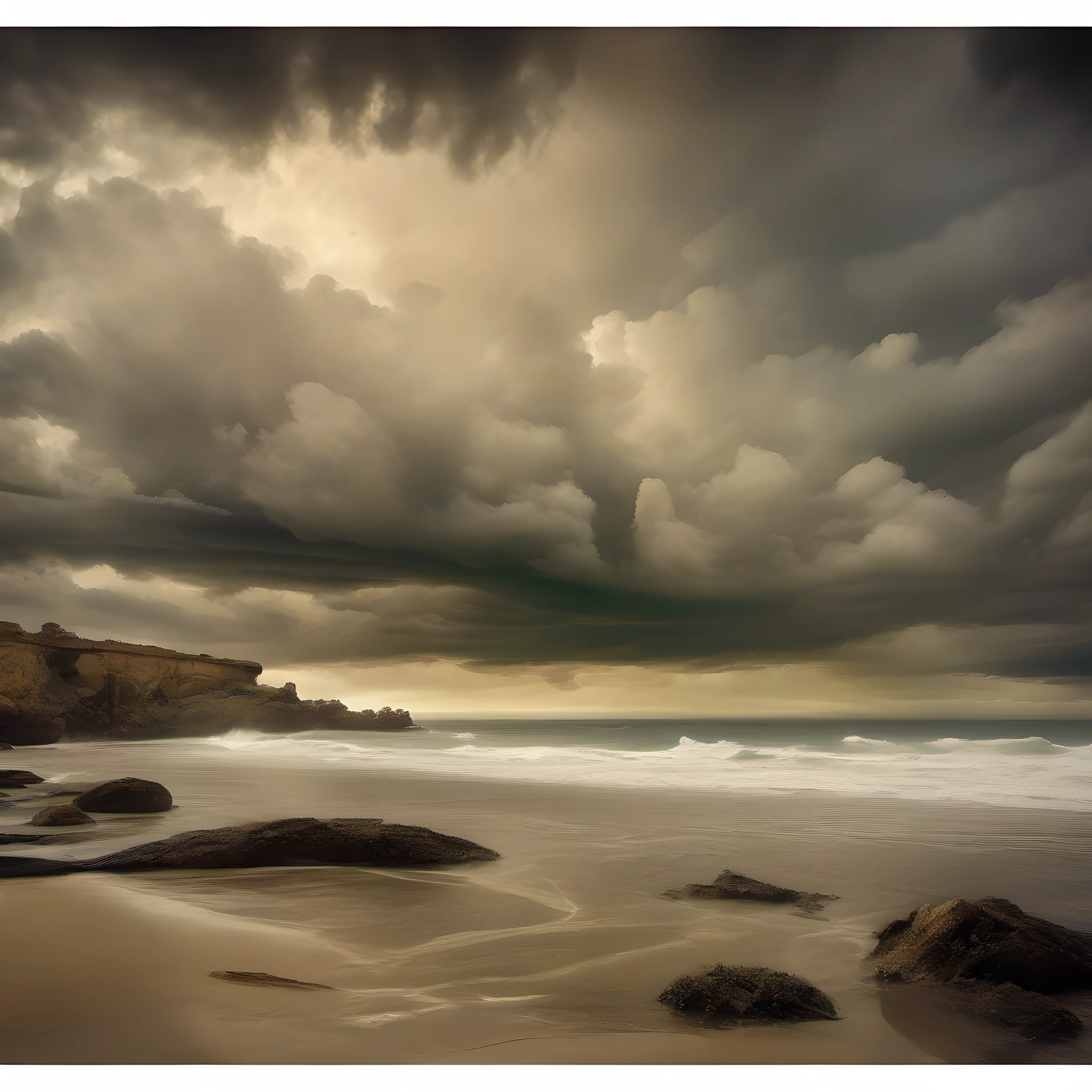 Deserted beach, stormy day, spectacular clouds, photo quality UHD, style of Kim Keever
