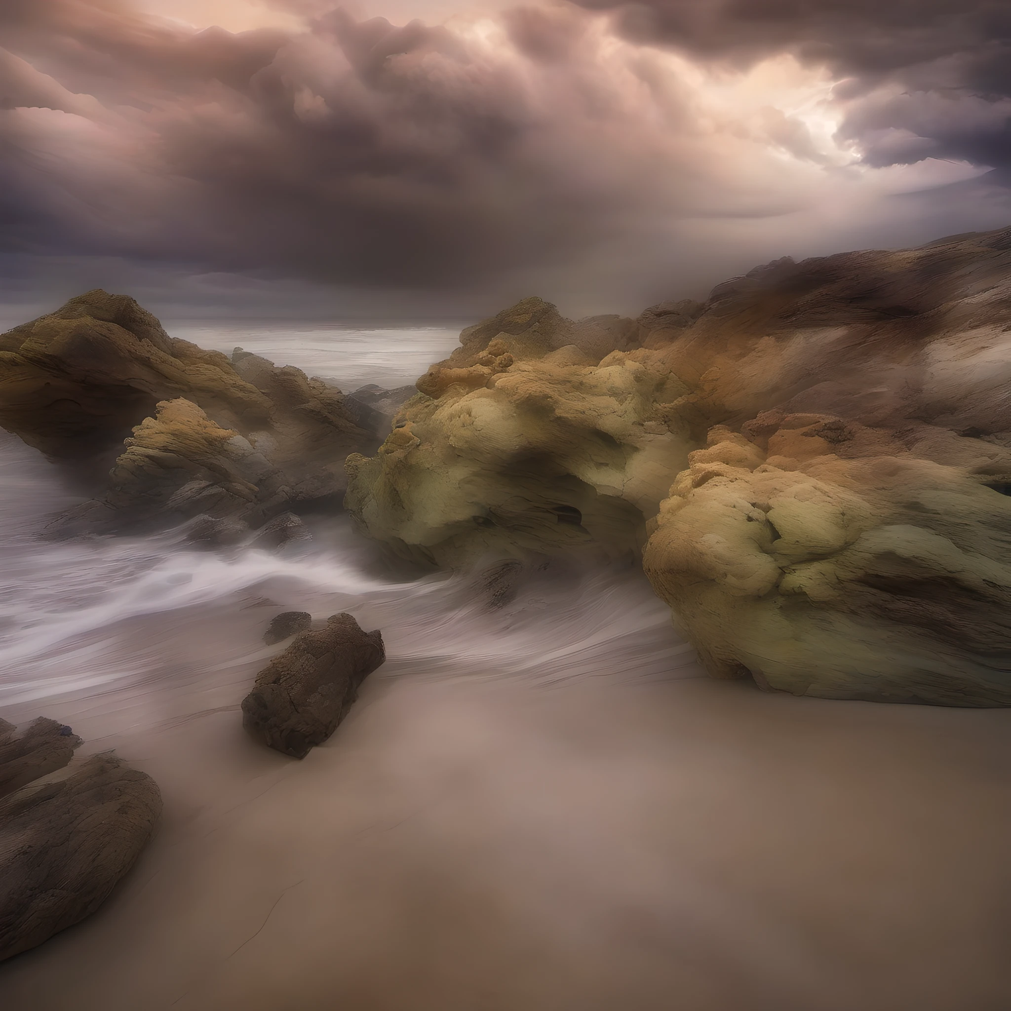 Deserted beach, stormy day, spectacular clouds, photo quality UHD, style of Kim Keever
