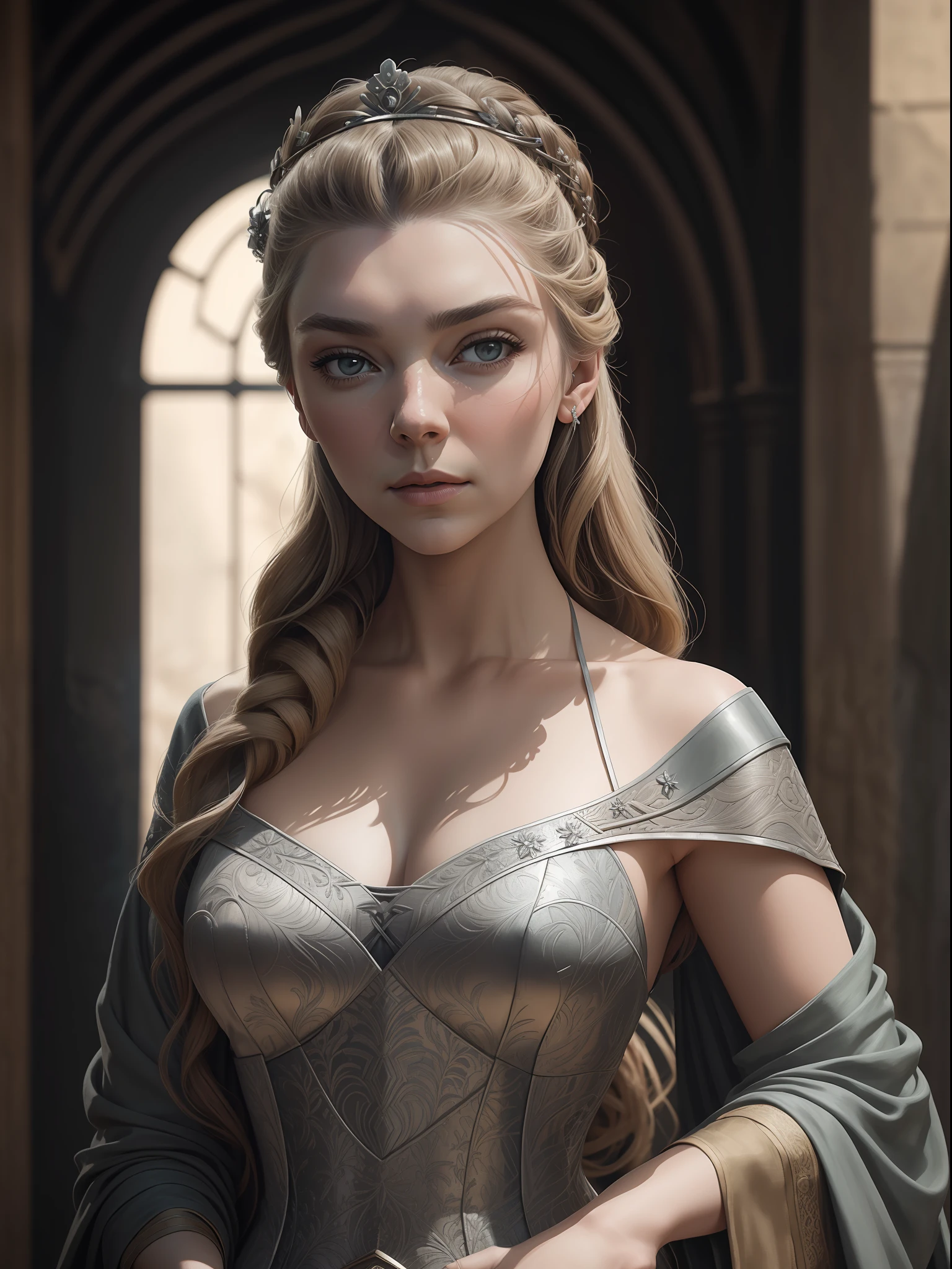 (Margaery Tyrell from the series "A Guerra dos Tronos"), inspirada em Natalie Dormer, auto retrato hiper-realista, 8k UHD, DSLR, grain of film, pintura fotorrealista Fujifilm XT3 arte midjourney, ((corpo inteiro)),