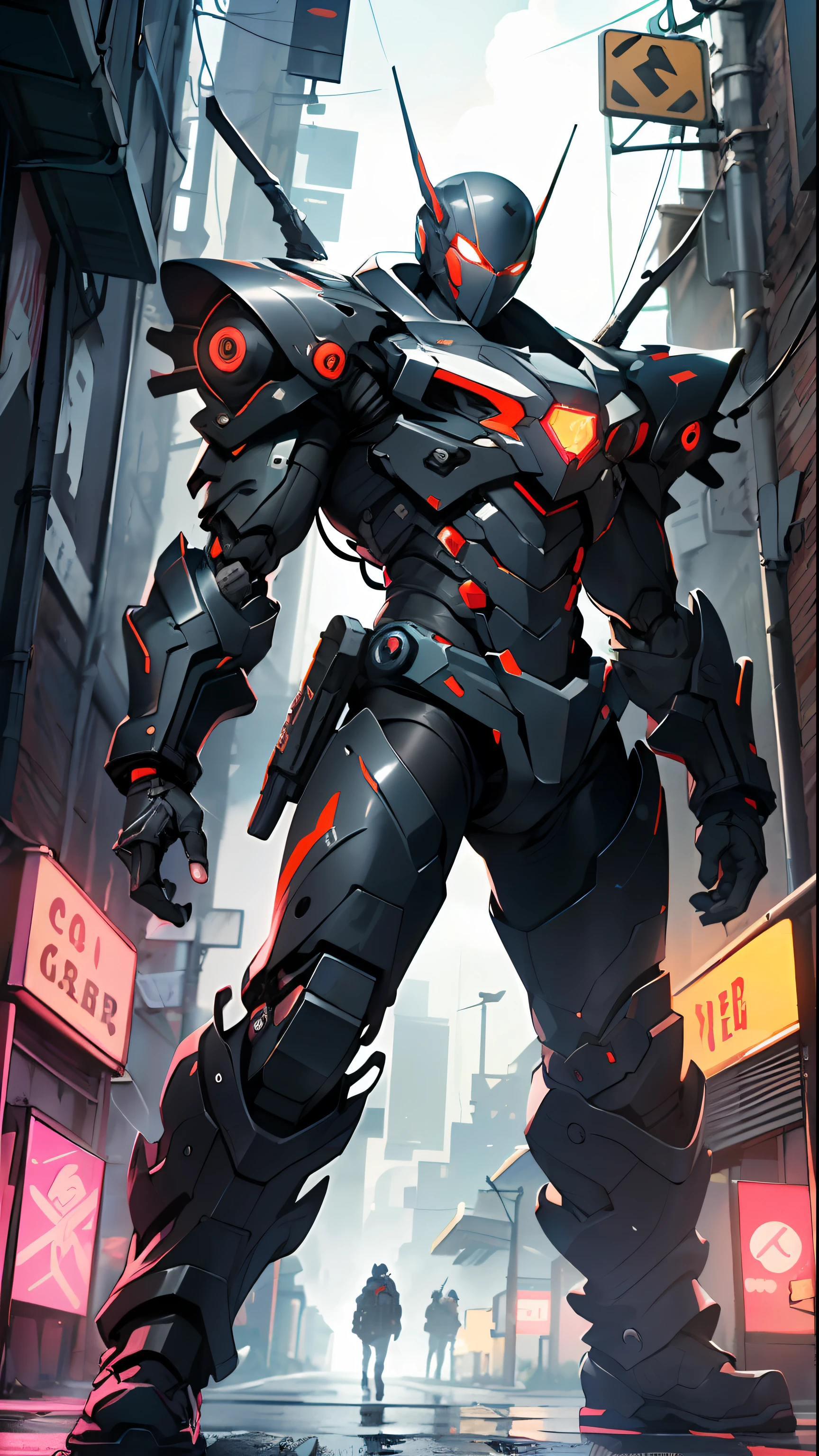 Imposing black plastic metal android robot,three meters tall and with a minimalist design that highlights its marked metallic musculature. His head is smooth and adorned with RGB lights that highlight his uniqueness and futurism.
He carries a metal backpack on his back that contains drones,turrets,and firearms. The backpack has spidery legs that allow it to move quickly.
Although most of his body is a deep,glossy black,there are orange,purple,and blue details that highlight his striking,futuristic design. It is undoubtedly an impressive creation that does not go unnoticed.
(dynamic pose:1.0),solo focus,centered,scale to fit dimensions,Rule of thirds,
outdoors,((night view)),(cyberpunk night street Background: 1.5,dark sky,alleyway,lonely alley,thick clouds,detailed background:1.25),
(best quality),(high resolution),(sharp focus),(ultra detailed),(extremely detailed),(extremely high quality artwork),8k_wallpaper,(extremely detailed CG 8k),(very fine 8K CG),((hyper super ultra detailed perfect piece)),flawless,(((masterpiece))),illustration,vibrant colors,(intricate),High contrast,Selective lighting,Double exposure,HDR (High Dynamic Range),Post-processing,Background blur,