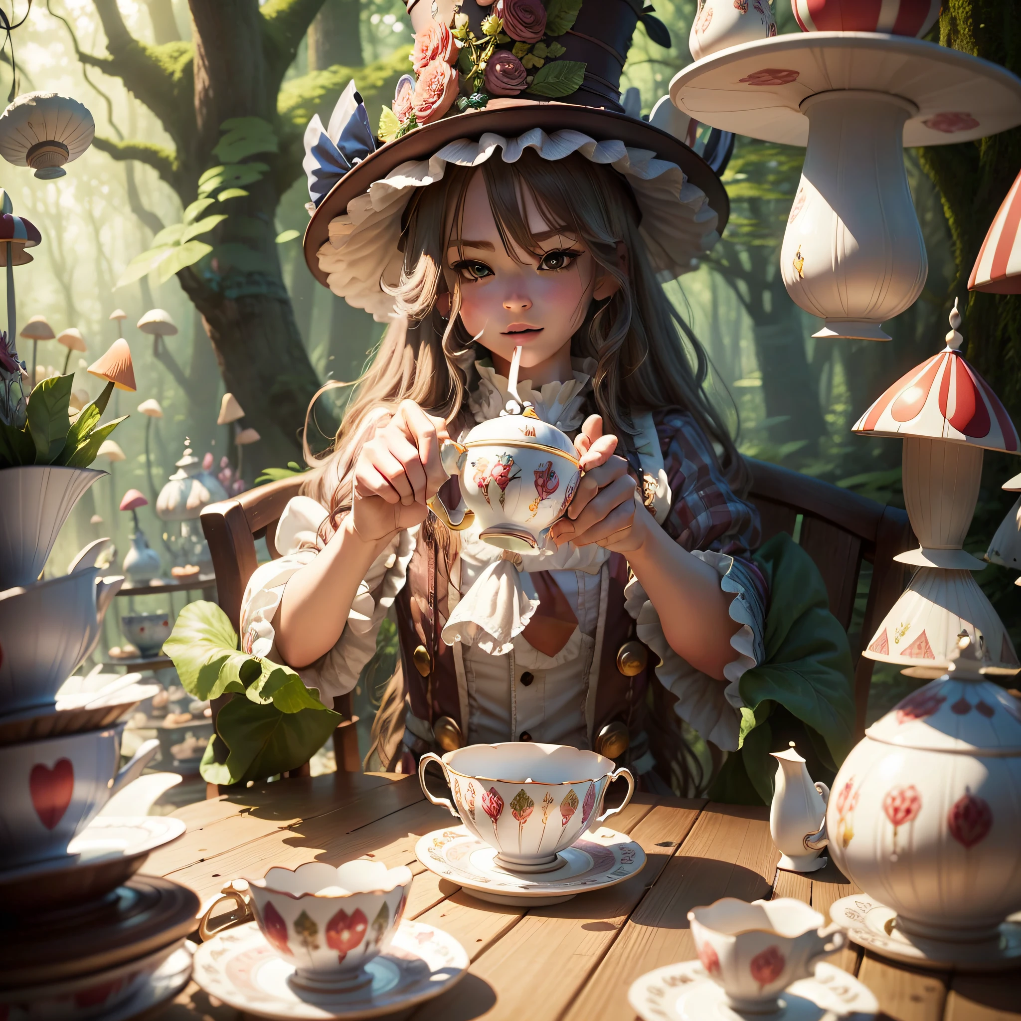 wide angle man mad hatter in the wonderland forest making tea on a long table full of cups plates and embroidered napkins tall trees one giant flower with big petals some mushrooms --auto --s2