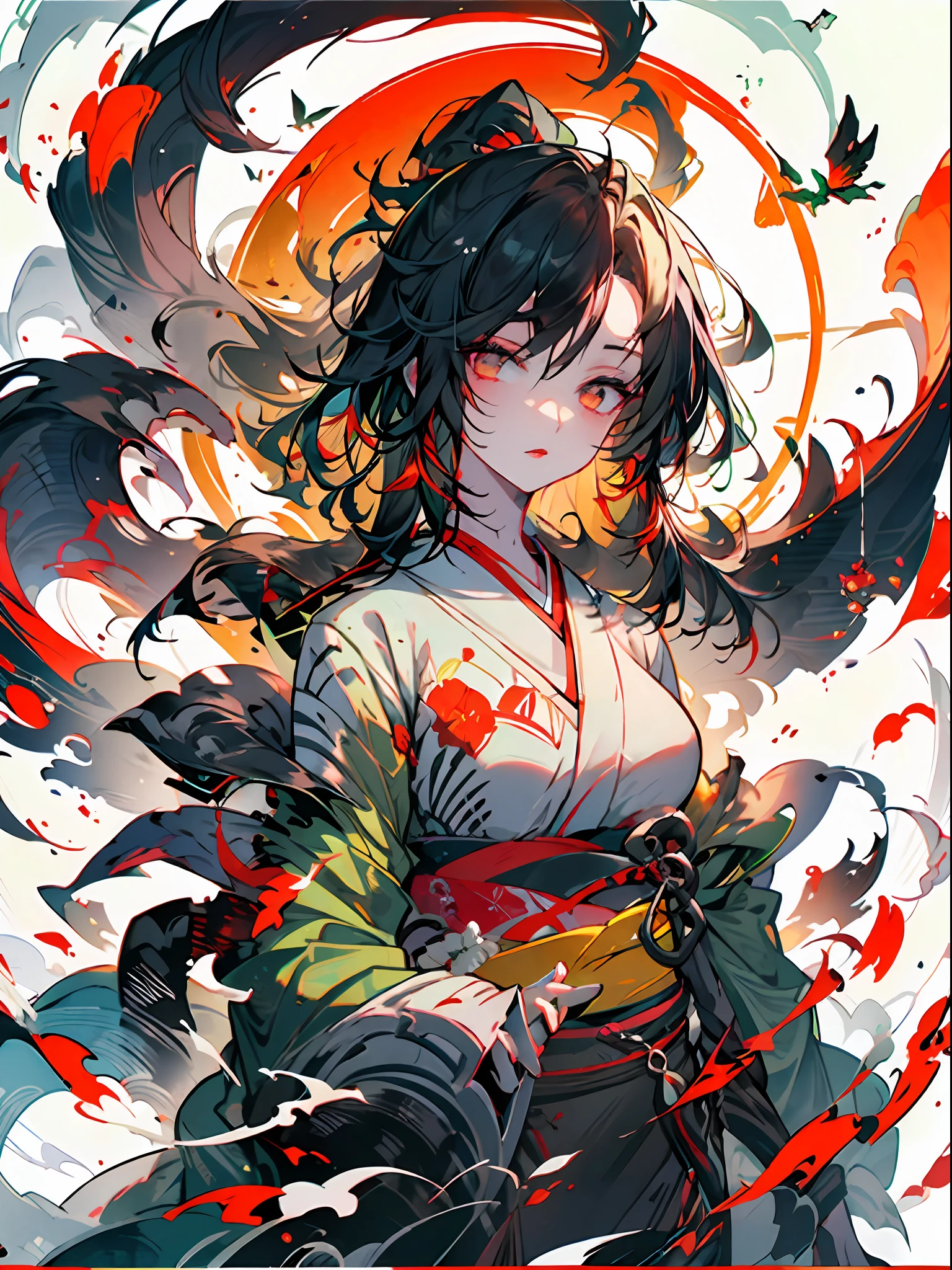 Vermelho e laranja, uma mulher de cabelo branco, olhos verdes, red-lips, vestindo kimono preto e branco, segurando uma varinha, luzes amarelas, estilo anime oriental, 4K, design central, design circular