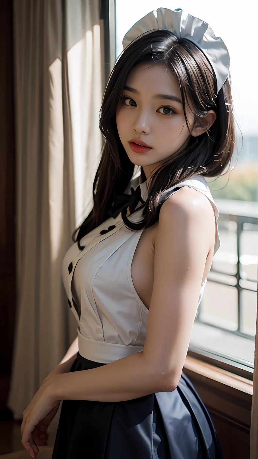 Slender Asian girl, kpop idol, ((maid uniform)), ((top quality, 8k, masterpiece: 1.3)), crisp focus: 1.2, beautiful woman with perfect figure: 1.4, highly detailed face and skin texture, detailed eyes, ((skinny)), beautiful face, symmetrical face, full-length, sexy, naked