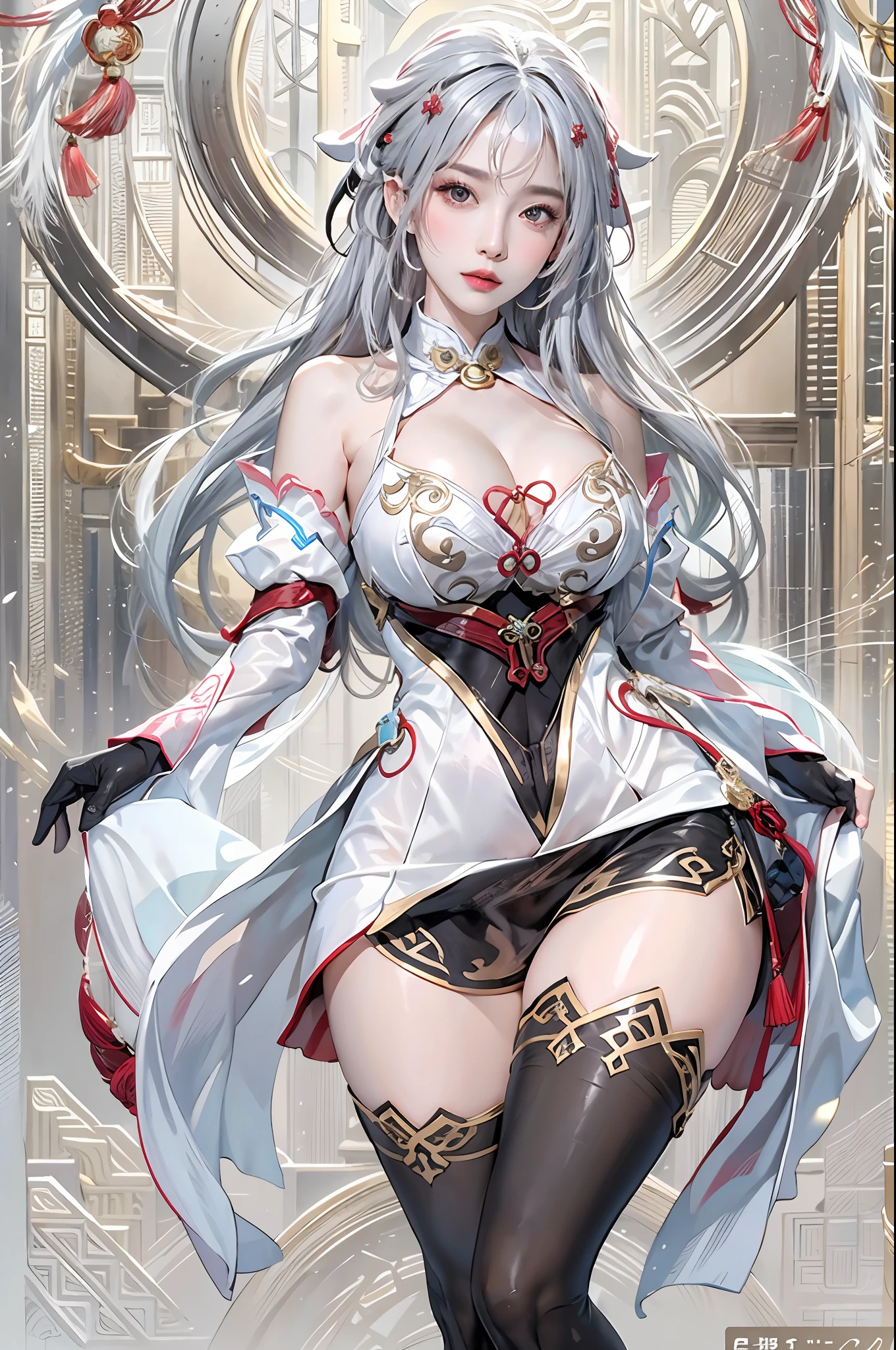 photorealistic, high resolution, 1women, solo, hips up, look at viewer, (detailed face), narrow waist, closed lips, white hair, long hair,ganyu \(genshin impact\), bangs, bare shoulders, bell, black gloves, black pantyhose, blush, breasts, chinese knot, horn, detached sleeves, jewelry