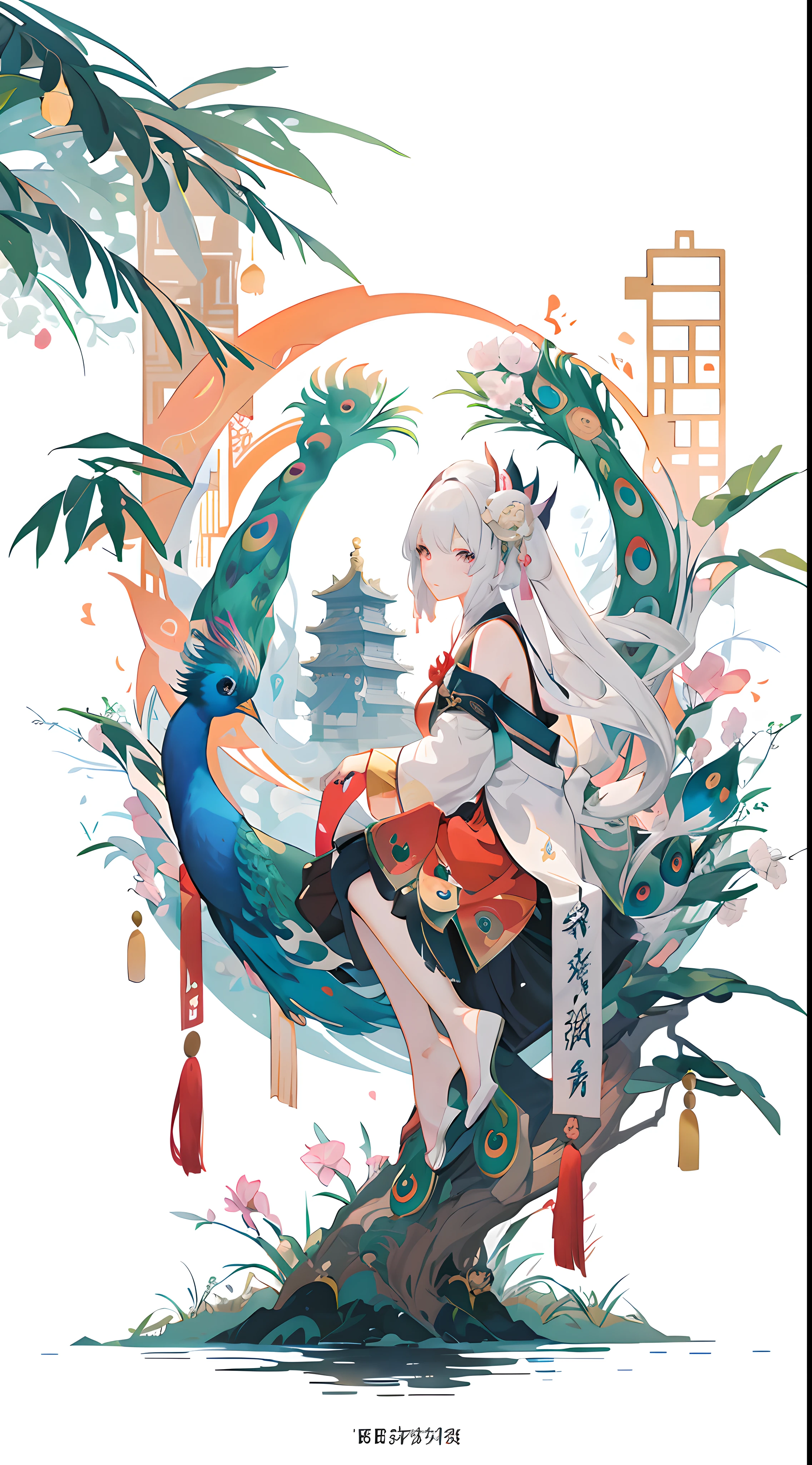 Anime girl sitting on tree，With a peacock in his hand, Palace ， A girl in Hanfu, A beautiful artwork illustration, style of anime4 K, white-haired god, Anime fantasy illustration, anime illustration, Onmyoji detailed art, Beautiful anime artwork, Anime art wallpaper 4k, Anime art wallpaper 4 K, Anime art wallpaper 8 K