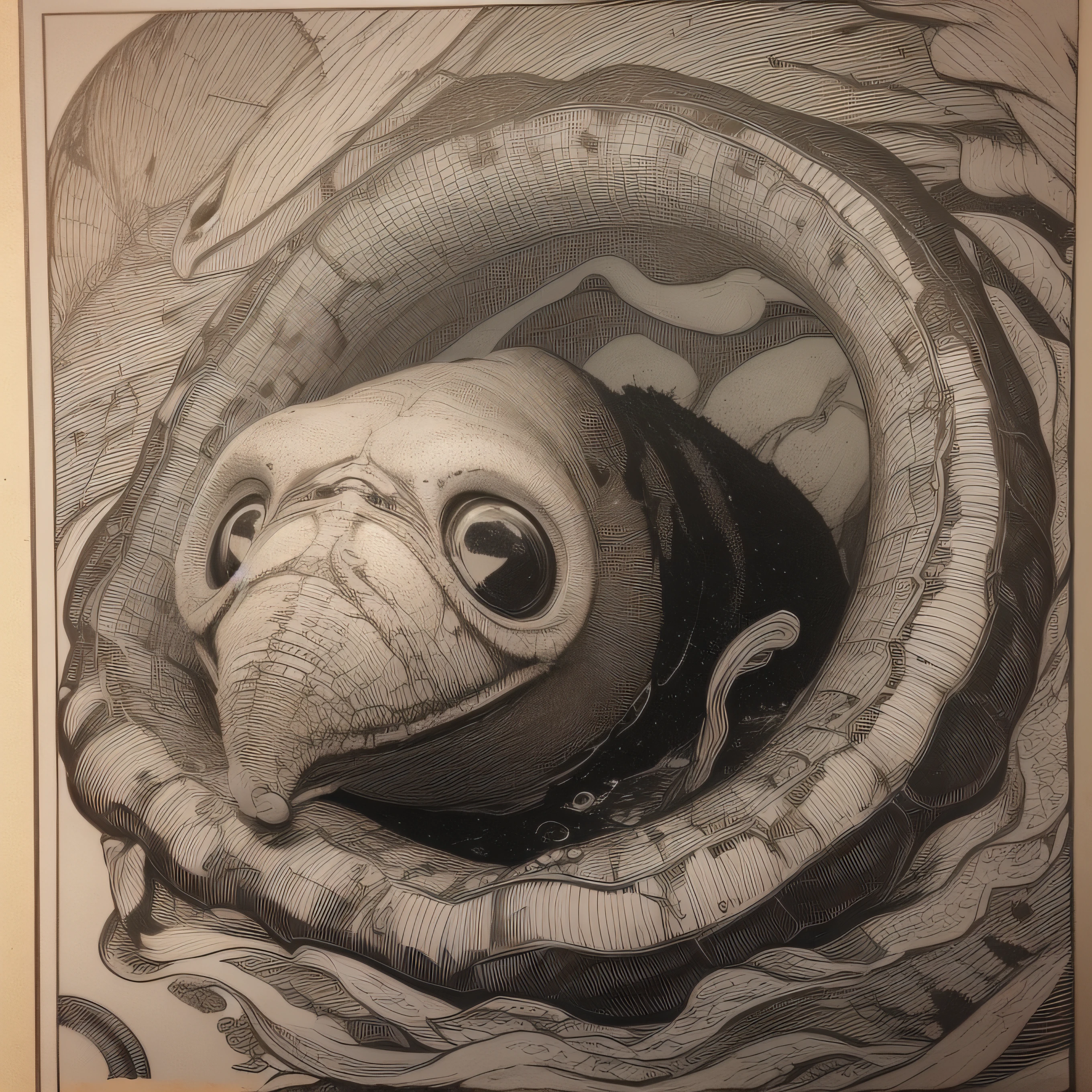 (extremadamente detallado, obra maestra, La mejor calidad), Estilo oscuro, intense illumination, rostro con arrugas, lengua larga, tentacle, deforme, monstruoso, interior de una piscina de agua verdosa, imagen submarina, alien con Colmillos finos, pico de pulpo amenazante. manchas de tinta. Rococo composition. Luz de caravaggio