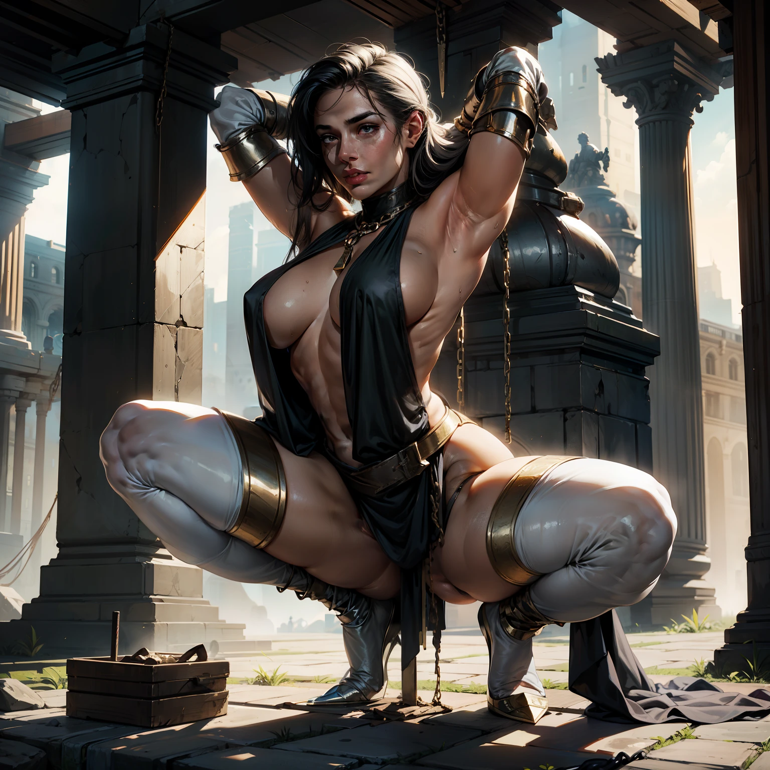 View from the front,arms behind head,Back against the pillar,Tied to a post, Chain on the arm,Bundled,Chain around the neck,(The body is stained with white liquid),Milk is sprinkled between the legs,Milk drips on the chest,Carmelto,perspire,full bodyesbian,look of anguish,Expose the armpits,Perfect exposure, Professional quality Highly detailed octane rendering, Ray tracing, voluminetric lighting, surrealism,Armor on the legs,Defeated female warriors,armor on the arms,A sword fell to the ground,kneels on the ground,Milk runs on the ground,Back to realistic facial features, Perfect woman, Mature female, Perfect skin, Perfect body, Perfect face, Perfect depth of field background,There is only a soaked white towel around the waist,Unclothed,Realistic girls are surreal,No_Panties ,Black public_Hair, about_To_Sam_Raped,