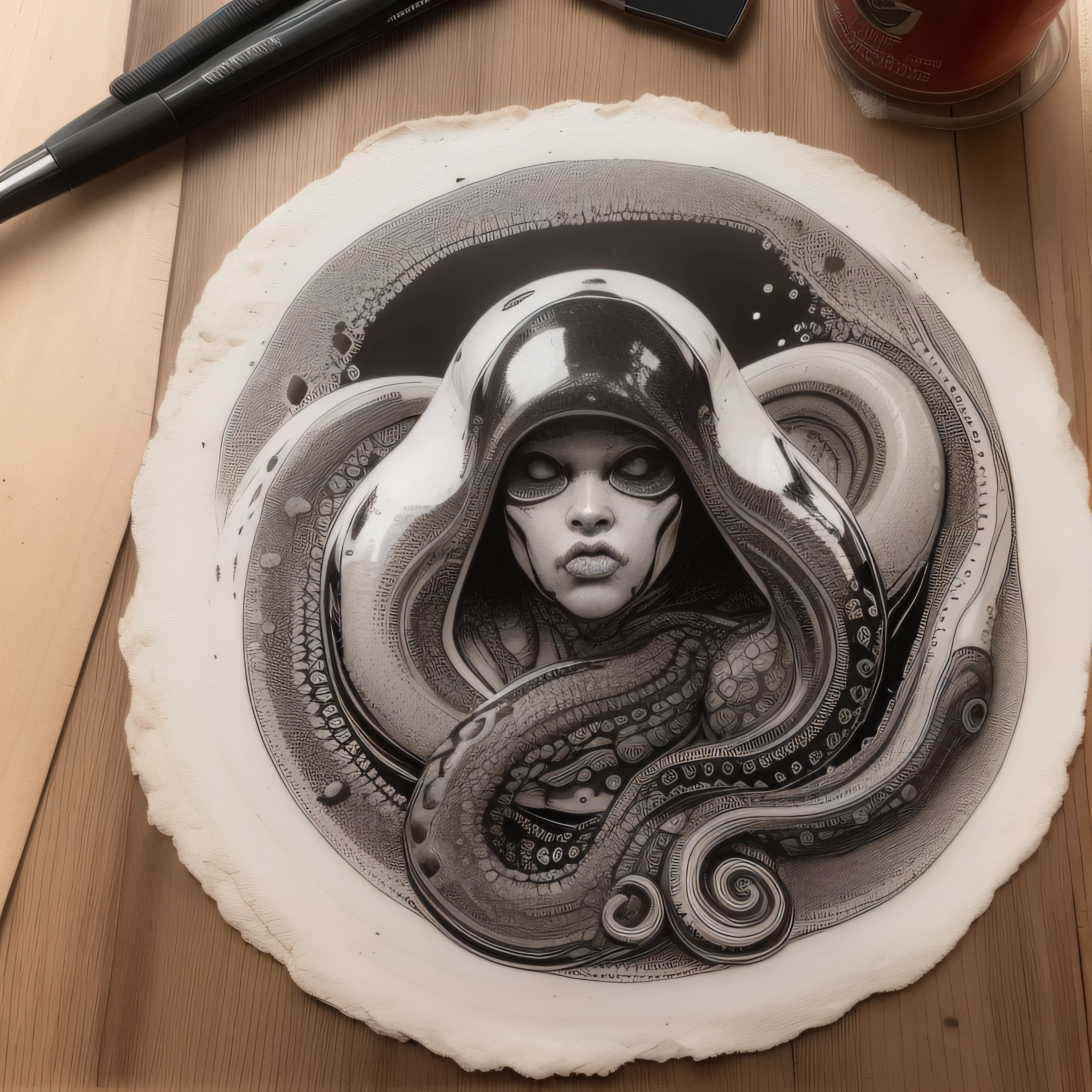 (extremadamente detallado, obra maestra, La mejor calidad), Estilo oscuro, intense illumination, rostro con arrugas, lengua larga, tentacle, deforme, monstruoso, interior de una piscina de agua verdosa, imagen submarina, alien con Colmillos finos, pico de pulpo amenazante. manchas de tinta. Rococo composition. Luz de caravaggio