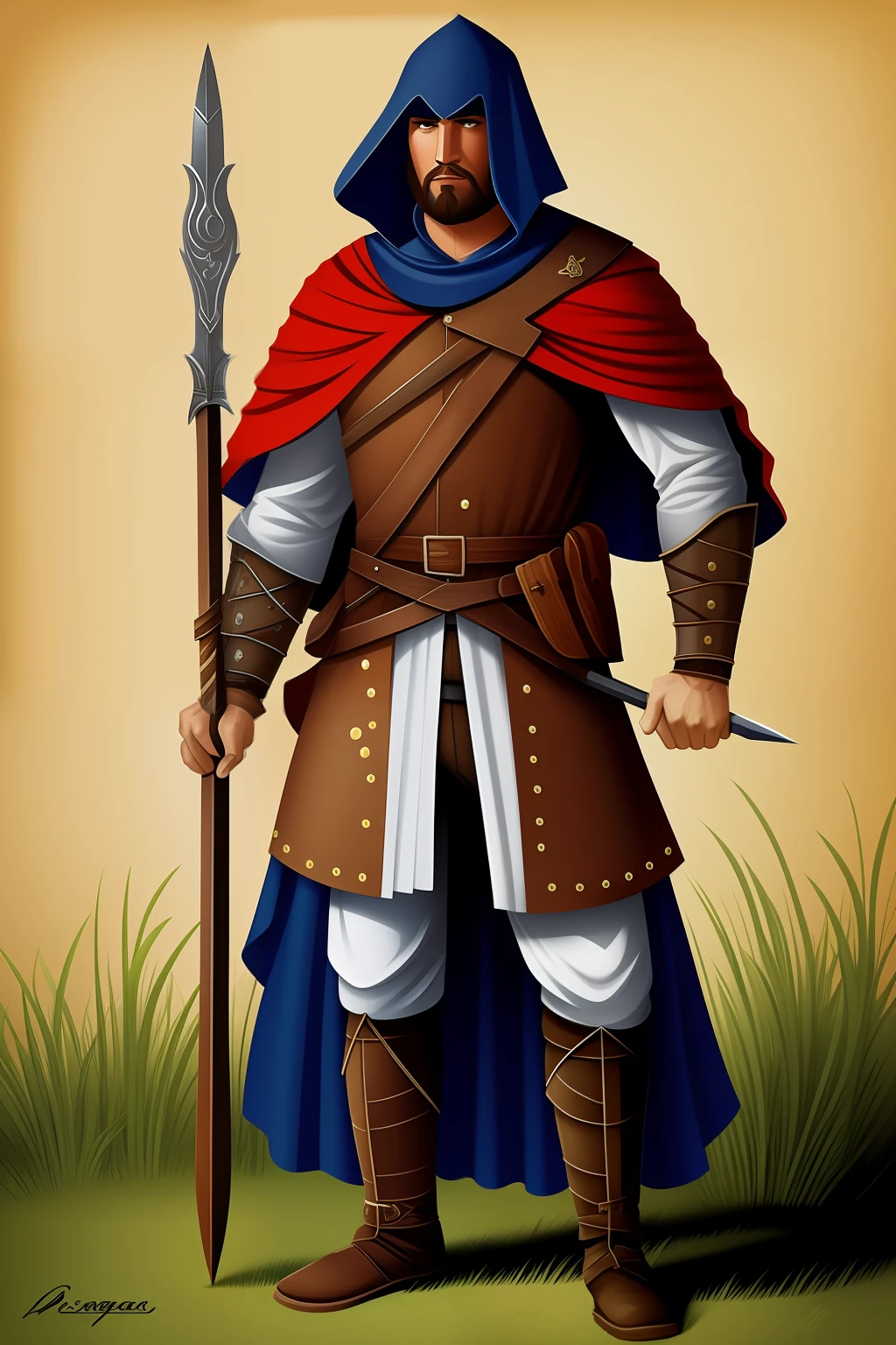 Alto contraste, desenhos de linha limpa, desenho animado, MEDIEVAL SOLDIER WITH SPEAR IN HAND, europeu, roupas rasgadas