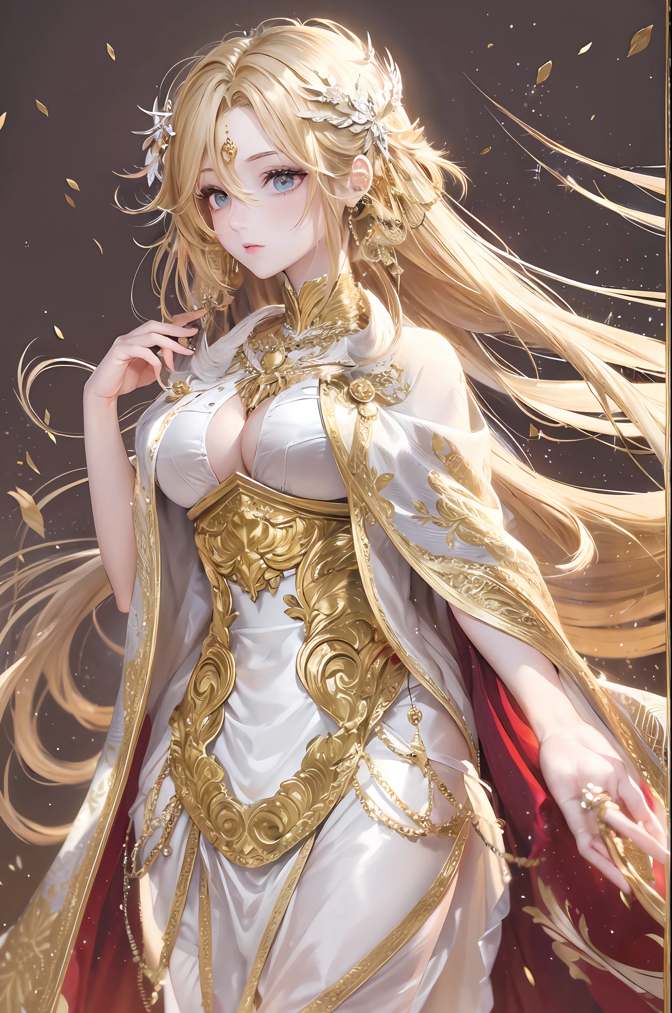 Gold coat，White-skinned，whaite hair，long braid，Gold eyes，Look up，Need，tmasterpiece，Gold ornaments，Noble，Royal Sister，Artistically，nedium breasts，Cover your chest