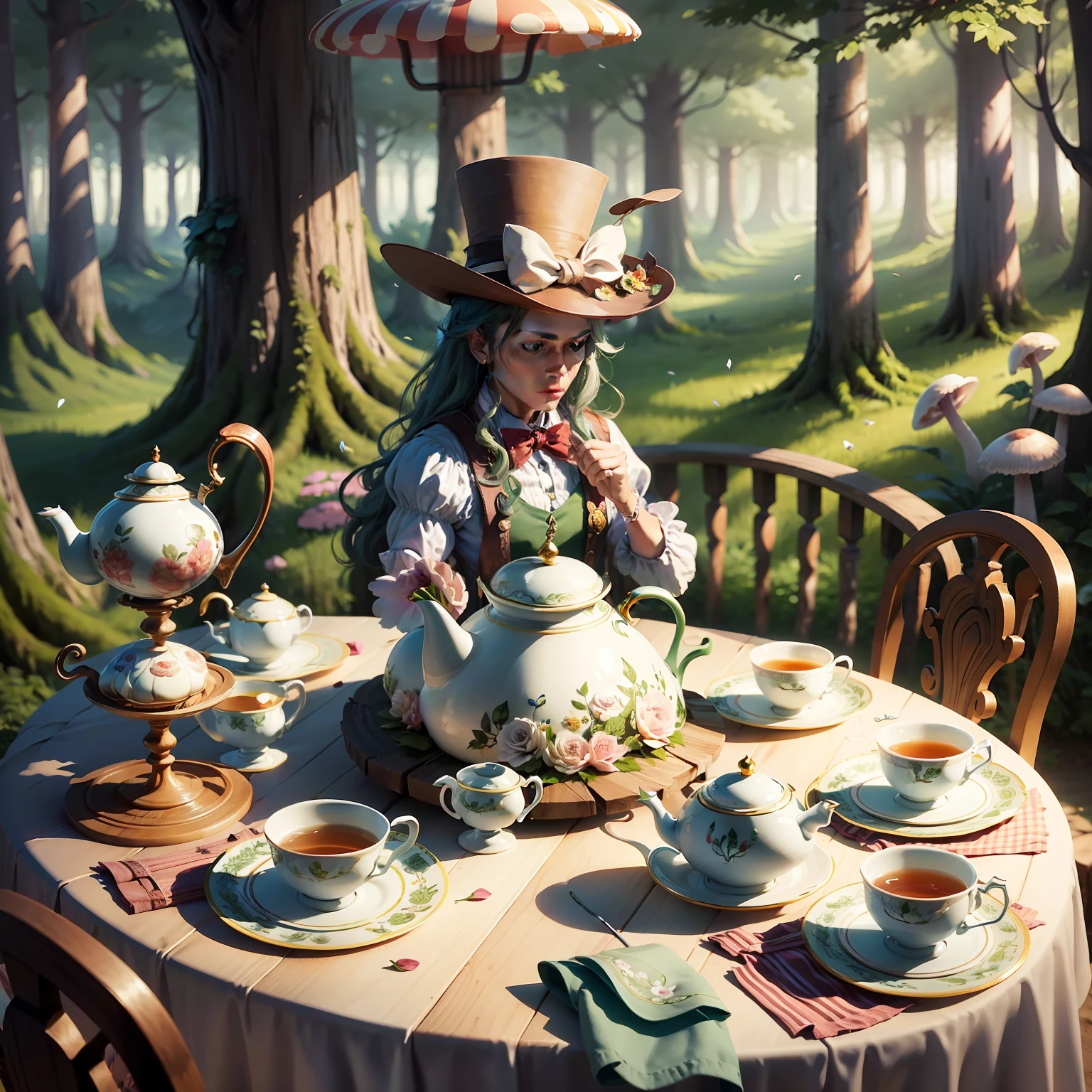 mad hatter in the wonderland forest making tea on a long table full of cups plates and embroidered napkins tall trees one giant flower with big petals some mushrooms --auto --s2