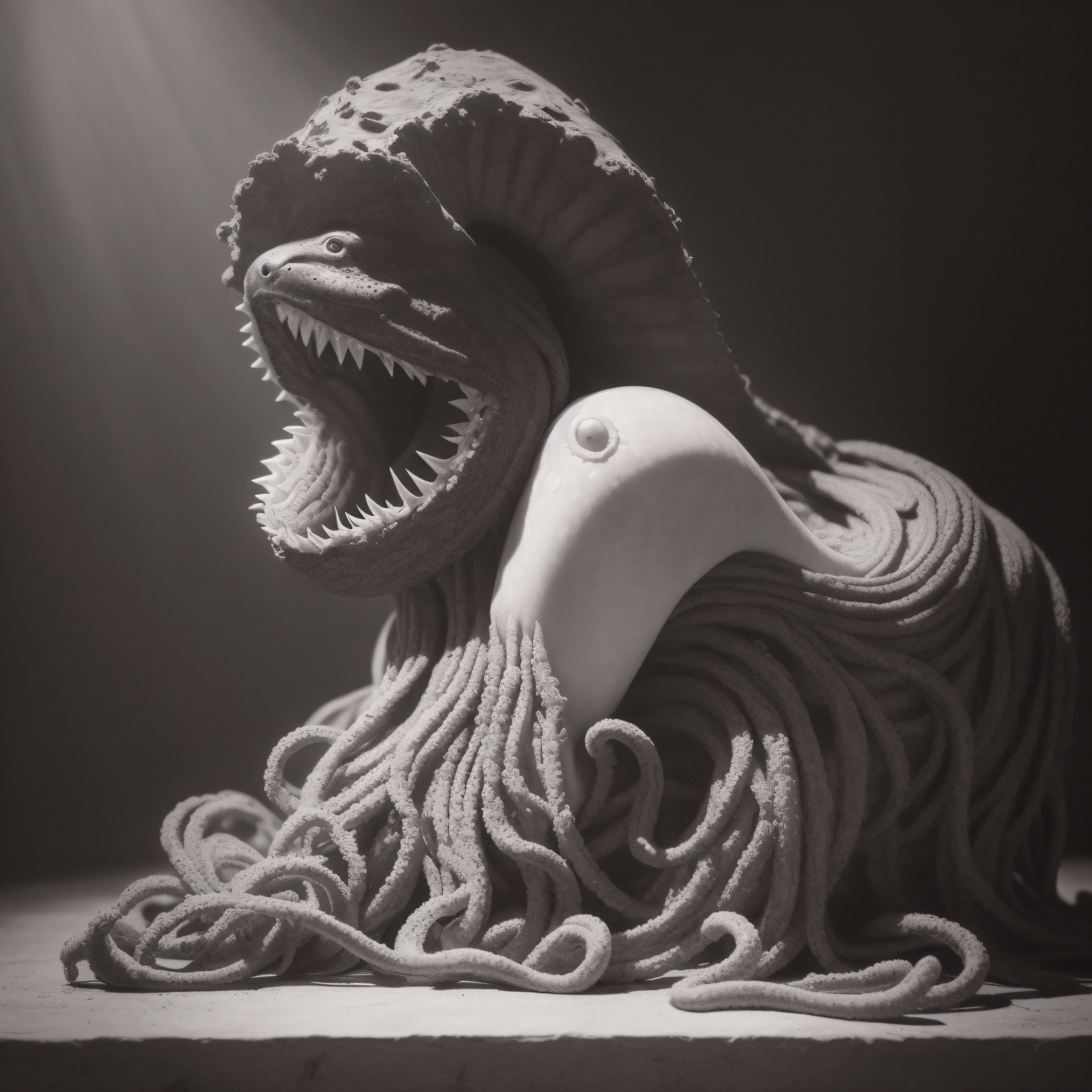 (extremadamente detallado, obra maestra, La mejor calidad), Estilo oscuro, intense illumination, rostro con arrugas, lengua larga, tentacle, deforme, monstruoso, interior de una piscina de agua verdosa, imagen submarina, alien con Colmillos finos, pico de pulpo amenazante. manchas de tinta. Rococo composition. Luz de caravaggio