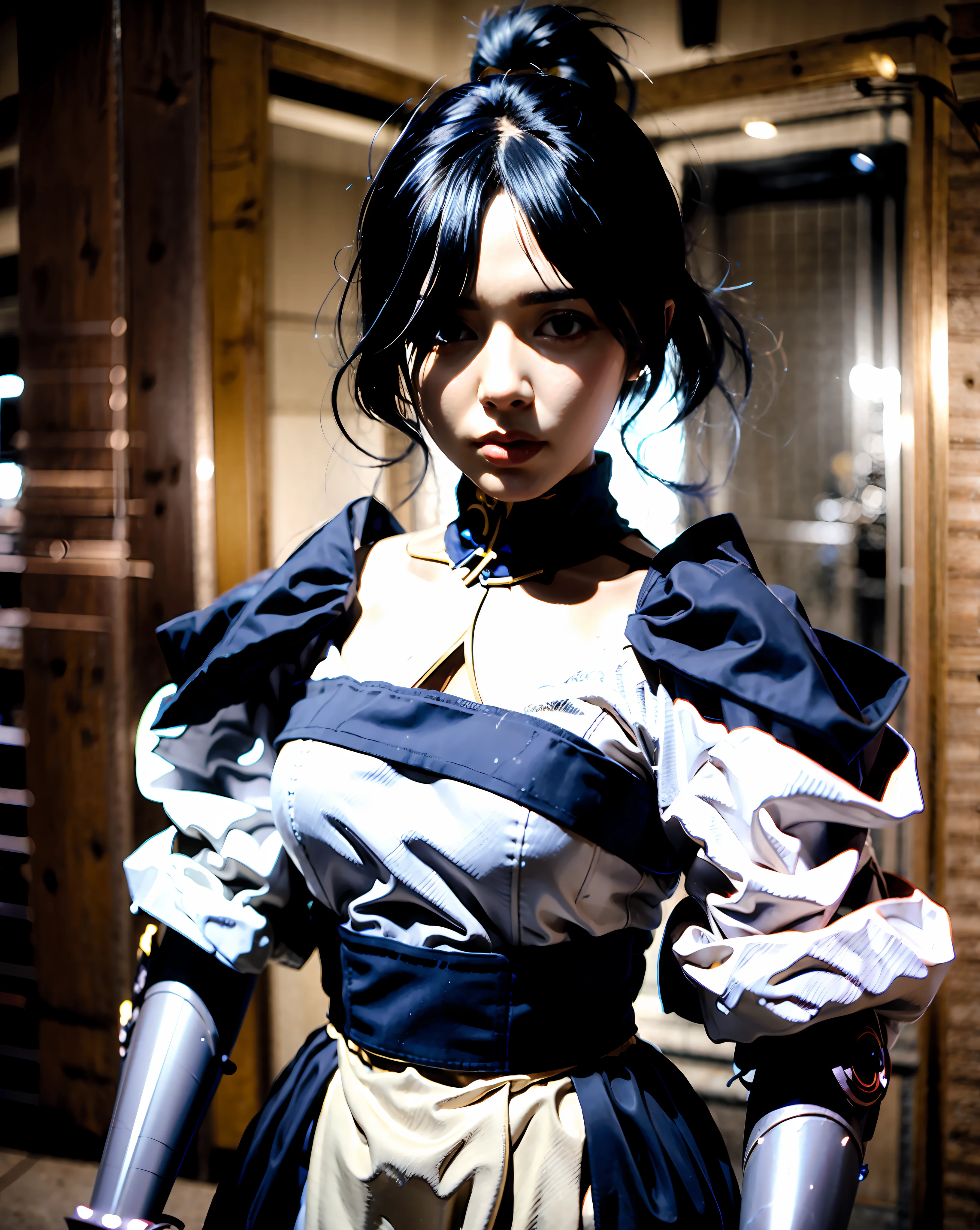 There is a woman in a dress with a gun in her hand, Loba Andrade de Apex Legends, iu lee ji-eun as a super villain, estilizado como fantasma na concha, Cosplay, Cosplayer, inspirado em Leng Mei, park shin hye as a super villain, japanese cyborg, como personagem de overwatch, Makoto Shinkai ( apex legends ), Anime Cosplay