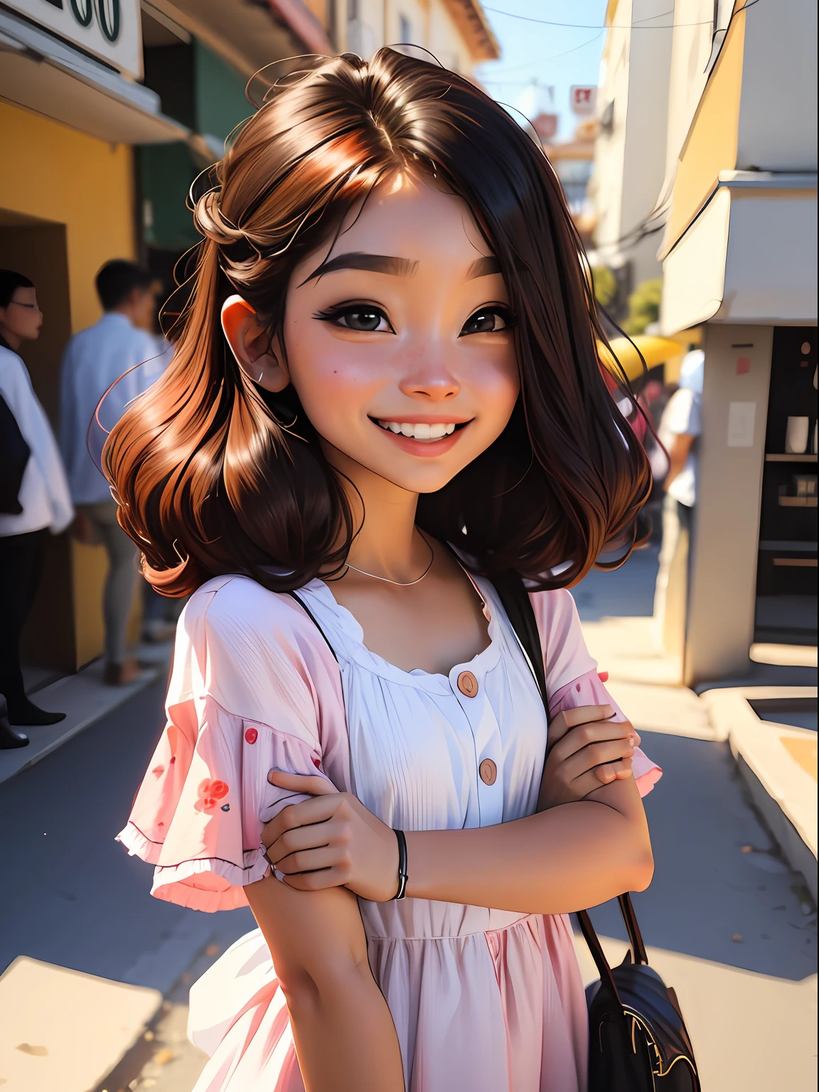 loli menina loira, bonita e fofa, smiling, usando touca e roupas leves, babyface, Estilo Chibi, cabelos bicolores, coque desarrumado, rosa claro, olhos de detalhe perfeito, rosto delicado, CG perfeito, Qualidade de imagem HD, fundo simples
