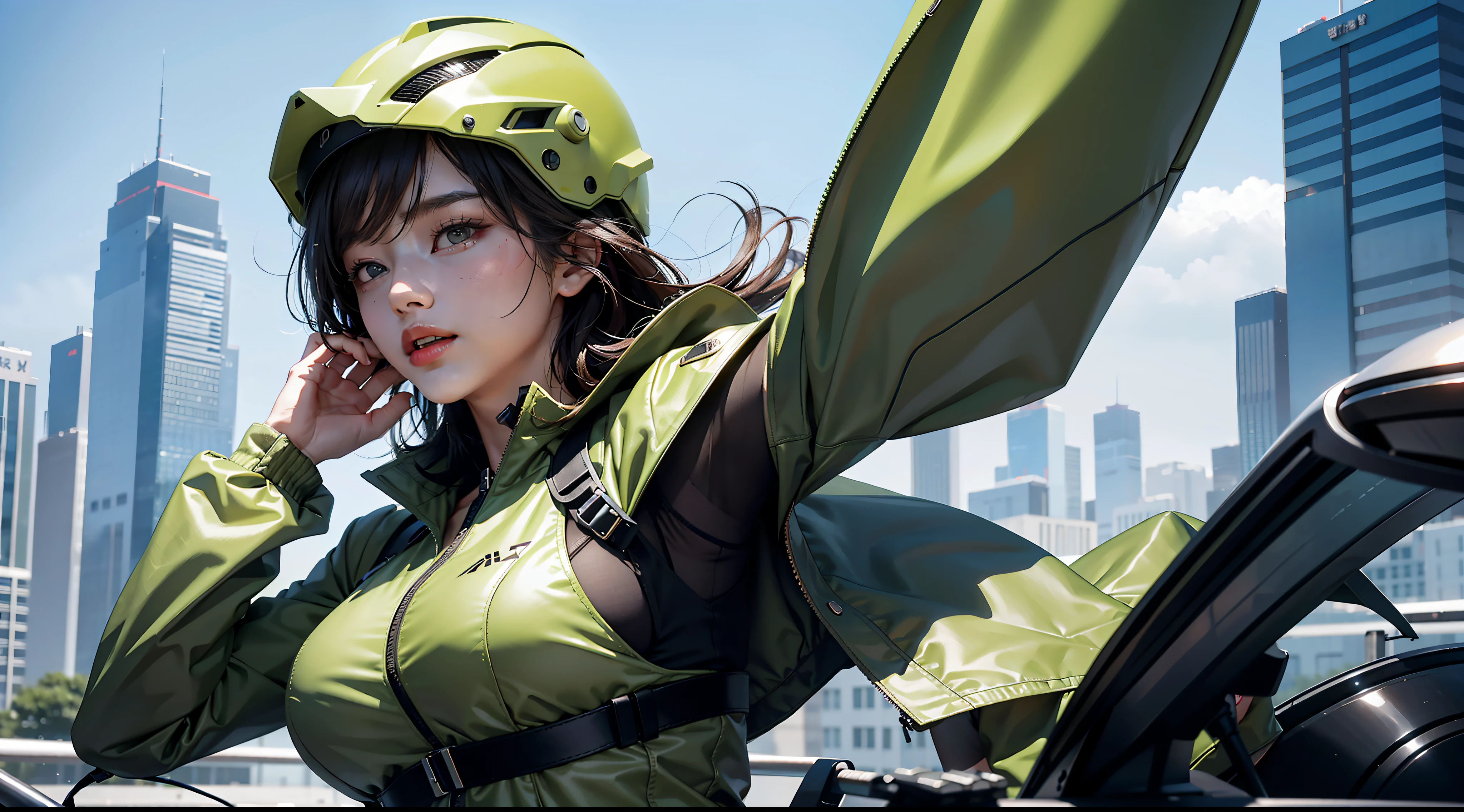 Highest image quality,Outstanding details,超高分辨率,(fidelity:1.4),The best illustration,Favor the details,Highly cohesive 1girl,He has a delicate and beautiful face,Dressed in an olive-green mech,wearing a mech helmet,Hold the direction controller,Riding on a motorcycle,The background is a high-tech lighting scene in the future city。