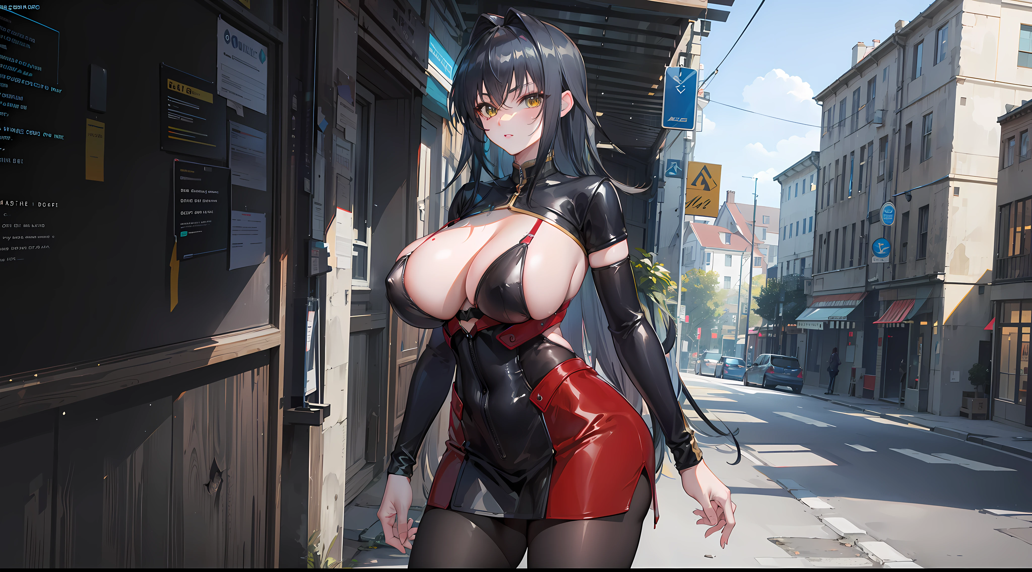 professional artwork, Intricate Details, field of view, sharp focus, detailed painting, photorealistic lighting, trending on pixiv, Standing at attention, black outfit ,yellow collared shirt,black and red bodysuit,skin_tight,black legwear, black pantyhose, Side_boob, black hair,very long hair, Bangs,yellow eyes,makeup, lipstick, 20yo,mature female,Beautiful Finger,Beautiful long legs,Beautiful body,Beautiful Nose,Beautiful character design, perfect eyes, perfect face, looking at viewer,official art,extremely detailed CG unreal engine 8k wallpaper, perfect lighting,Colorful, Bright_Front_face_Lighting, (masterpiece:1.0),(best_quality:1.0), ultra high res,4K,ultra-detailed, photography, 8K, HDR, highres, absurdres:1.2, Kodak portra 400, film grain, blurry background, (Beautiful,large_Breasts:1.4), (beautiful_face:1.5),(narrow_waist), (solo:1.4), ((landscape dimension)), rich detailed makeup, rich detailed eyeshadow, rich detailed lips, rich detailed lipstick, eyes lens, beautiful eyes lens, ultra detailed eyes