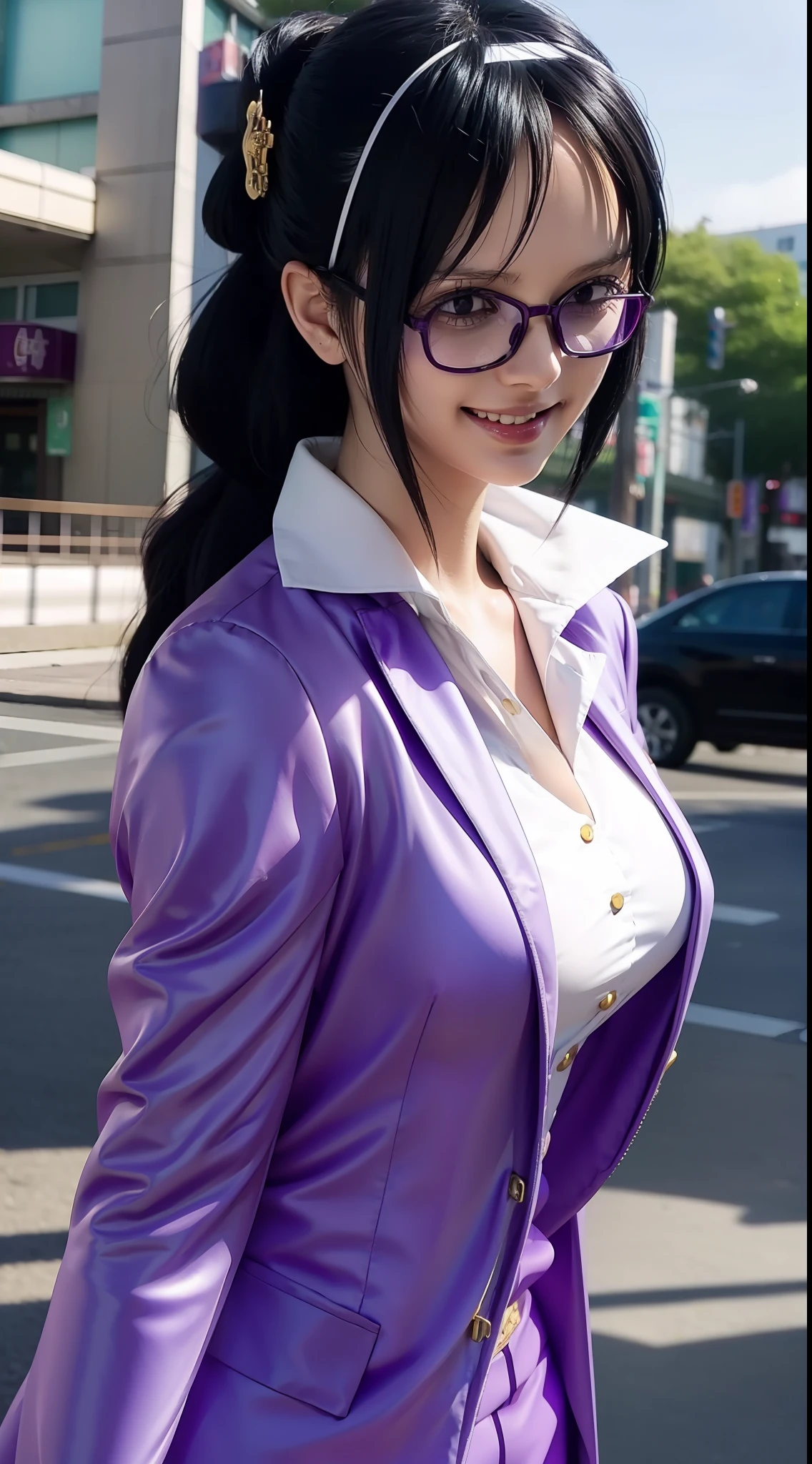 Tashigi from anime one piece, long hair, black hair, hairband, beautiful, beautiful woman, perfect body, standing, wearing formal clothes, wearing a white shirt, purple suit, purple pants, looking at the audience, smiling, being in a public place, on the roadside, in tokyo city, wearing glasses, hd quality, 4k, ochiro oda style
