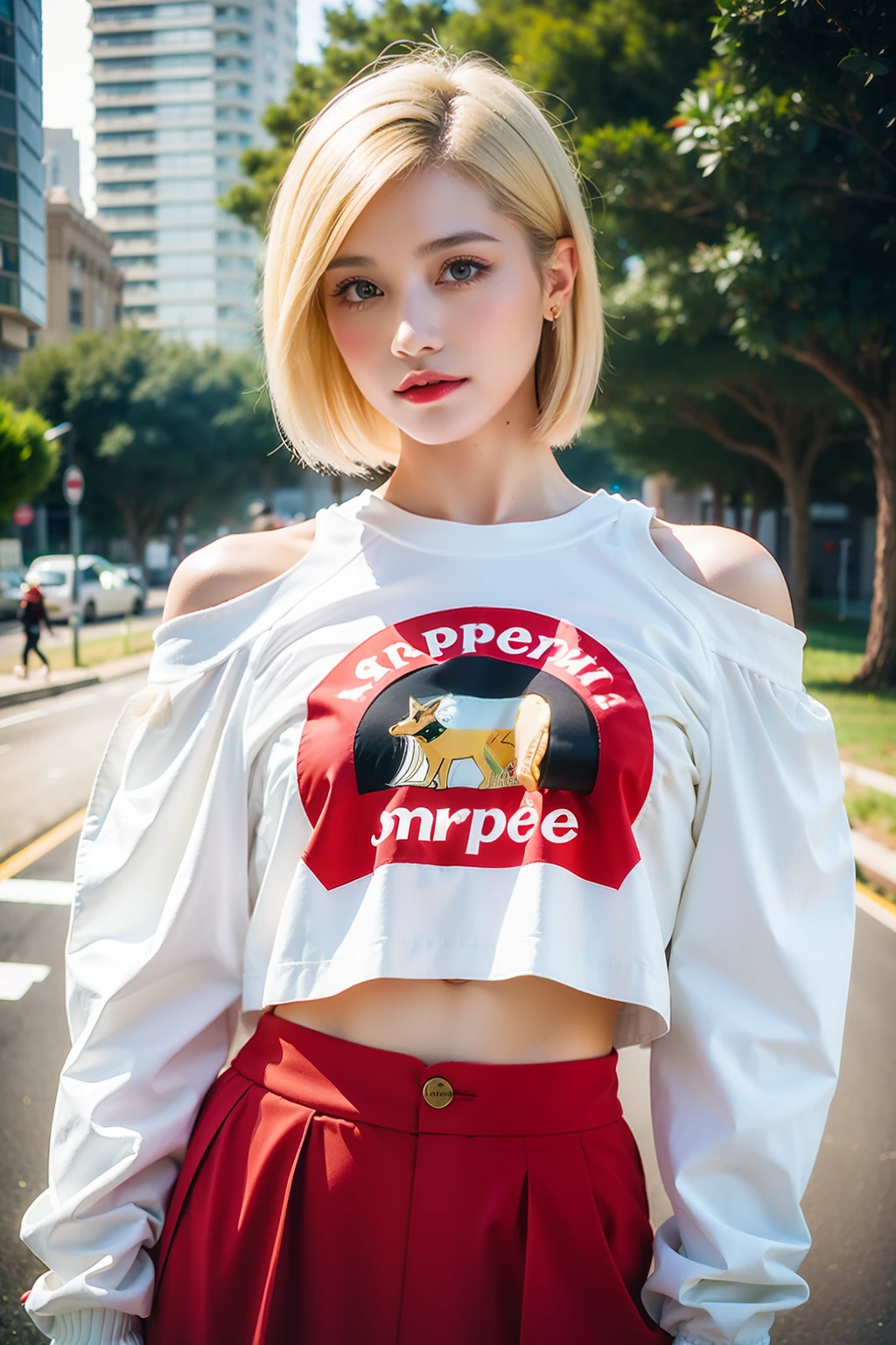 1 girl，cut_clothes，1998 European Blonde Hip-Hop Girl by Sachin Teng x Supreme, Abs，Off-the-shoulder long-sleeved shirt，Attractive, Stylish, designer, Red,  geometric shapes, scribbles, streetart, full bodyesbian, Cowboy shot,